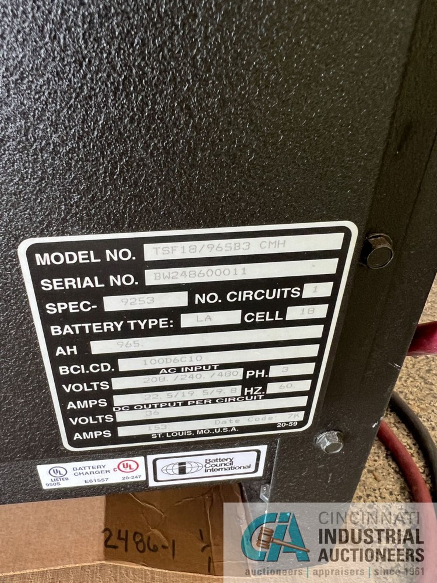 36 VOLT TOTALIFT MODEL TSF18/965B3 CMH BATTERY CHARGER; S/N BW248600011 (SHIP) - Image 2 of 2