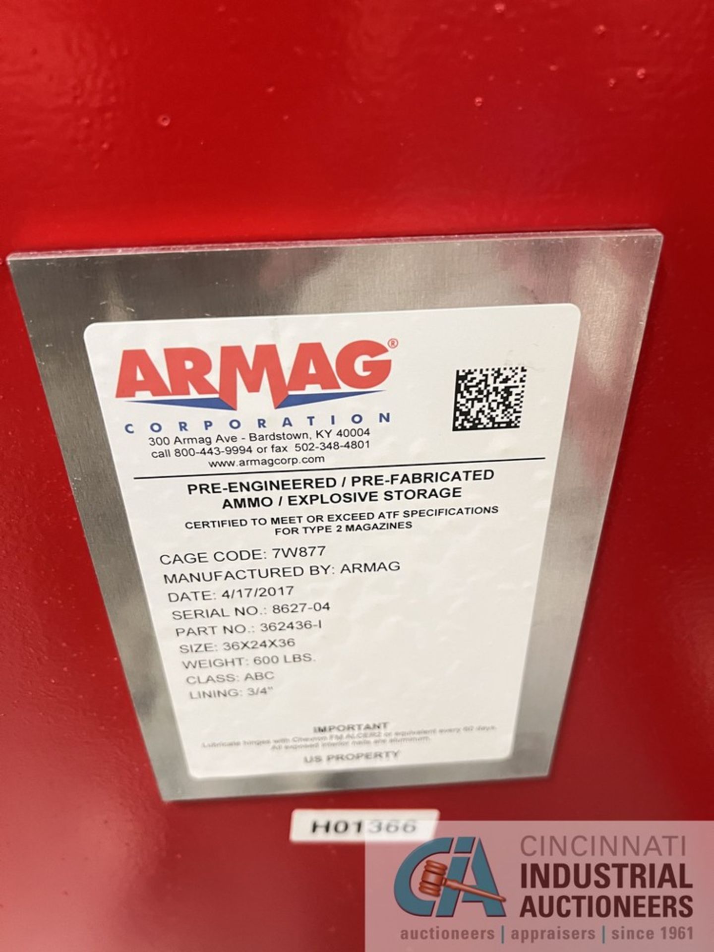 36" X 24" X 36" ARMAG TYPE 2 EXPLOSIVE STORAGE MAGAZINE; S/N 8627-04, CAGE CODE TW8877 (2017) ( - Image 3 of 3