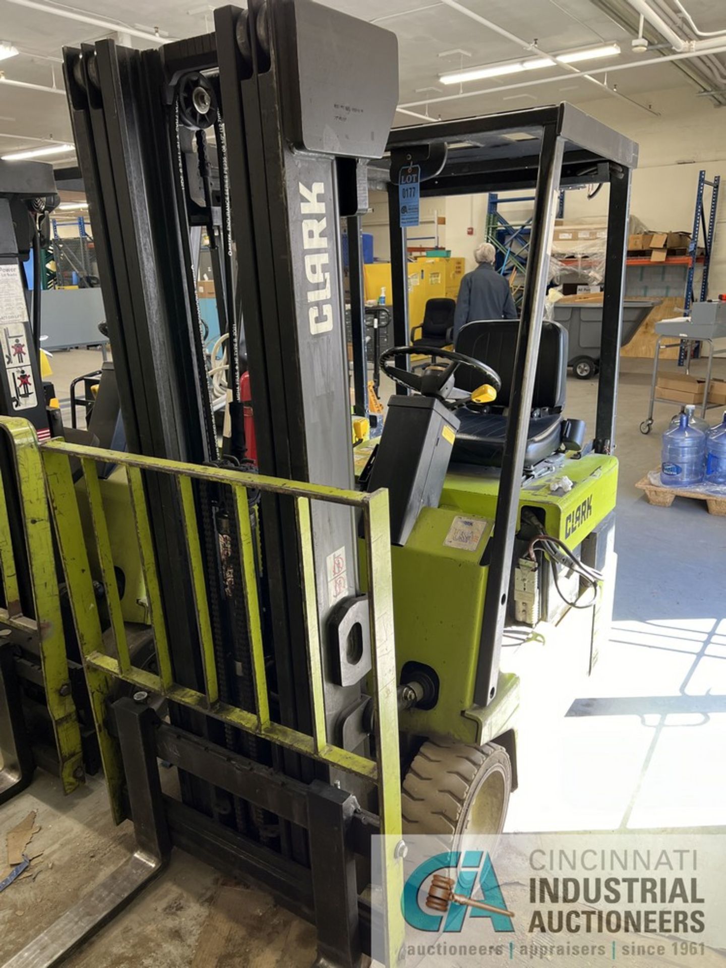 3,000 LB. CLARK MODEL TM15S ELECTRIC SOLID TIRE LIFT TRUCK; S/N TM247004339058, 81" 3-STAGE MAST,