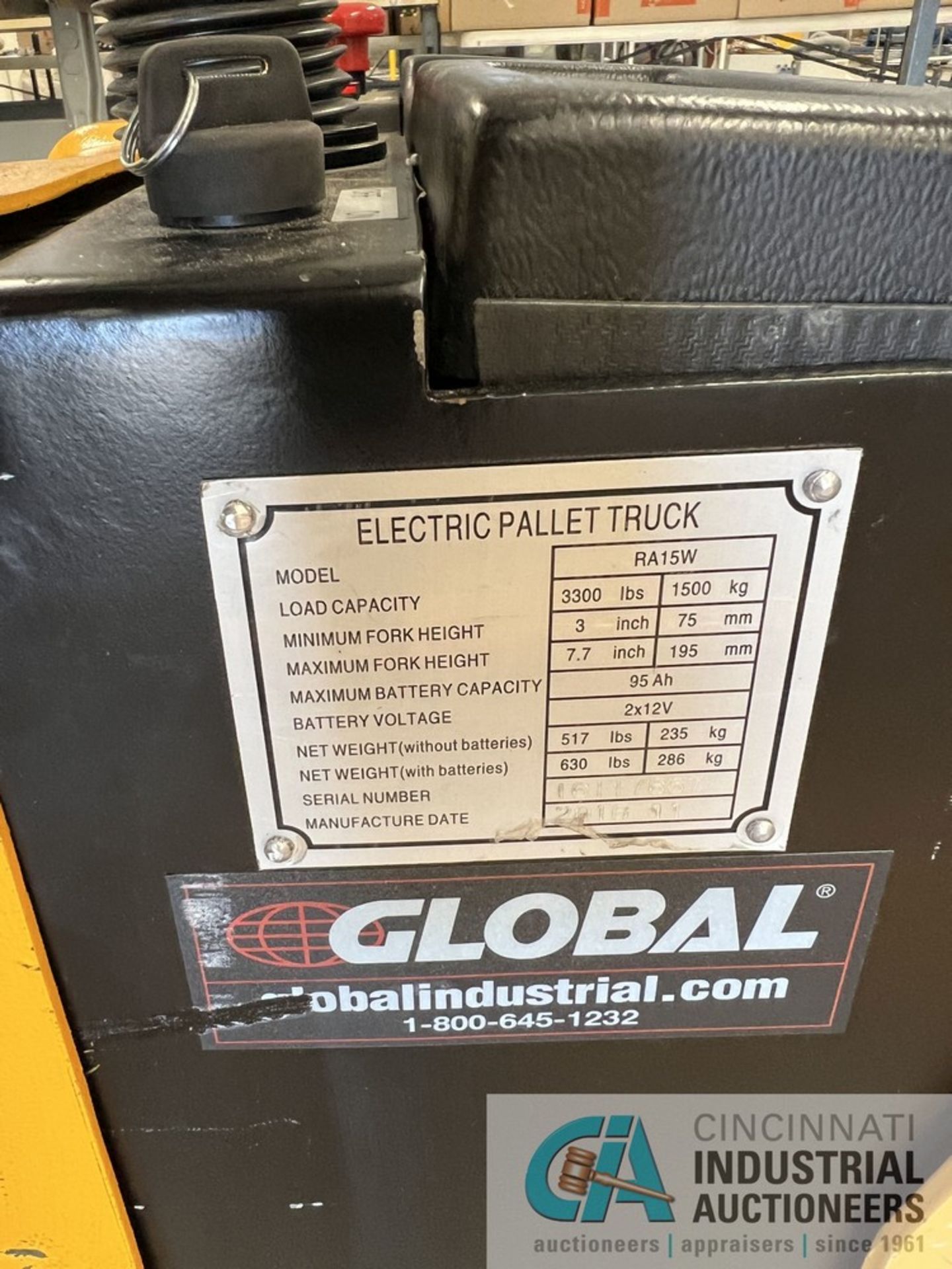 3,300 LB. GLOBAL MODEL RA15W ELECTRIC PALLET TRUCK; S/N 16117657, 24 VOLT (NEW 2016) (WAREHOUSE) - Image 3 of 4