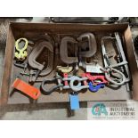 (LOT) MISCELLANEOUS C-CLAMPS, BAR CLAMPS, WITH HOOKS AND CLEVES