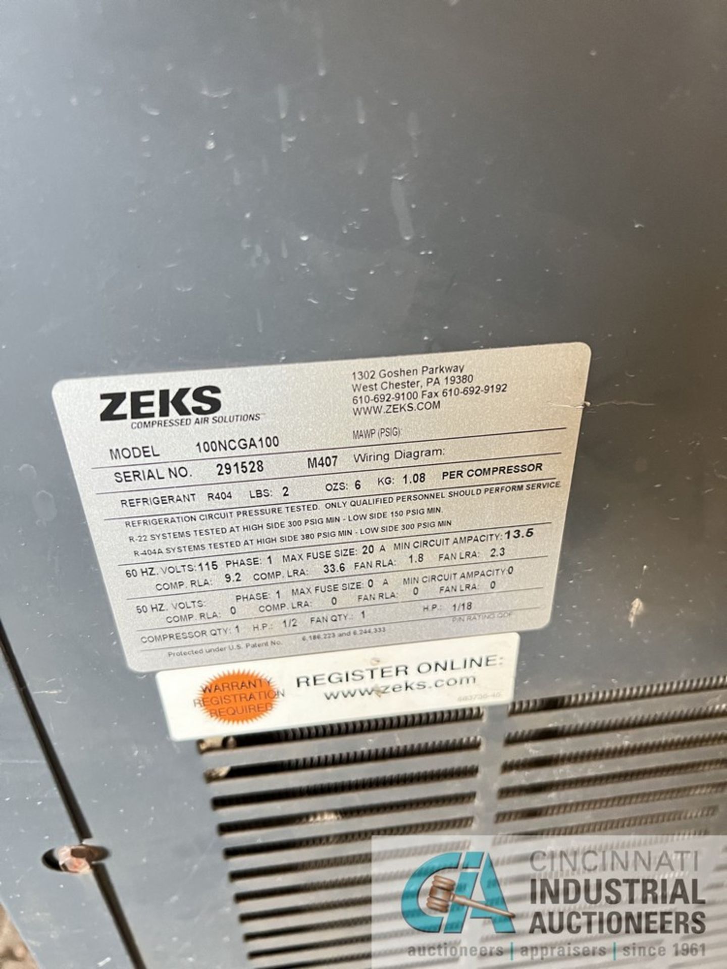 ZEKS MODEL 100NCGA100 NC SERIES NON-CYCLING AIR DRYER; S/N 291528, R404 REFRIGERANT - Image 3 of 4