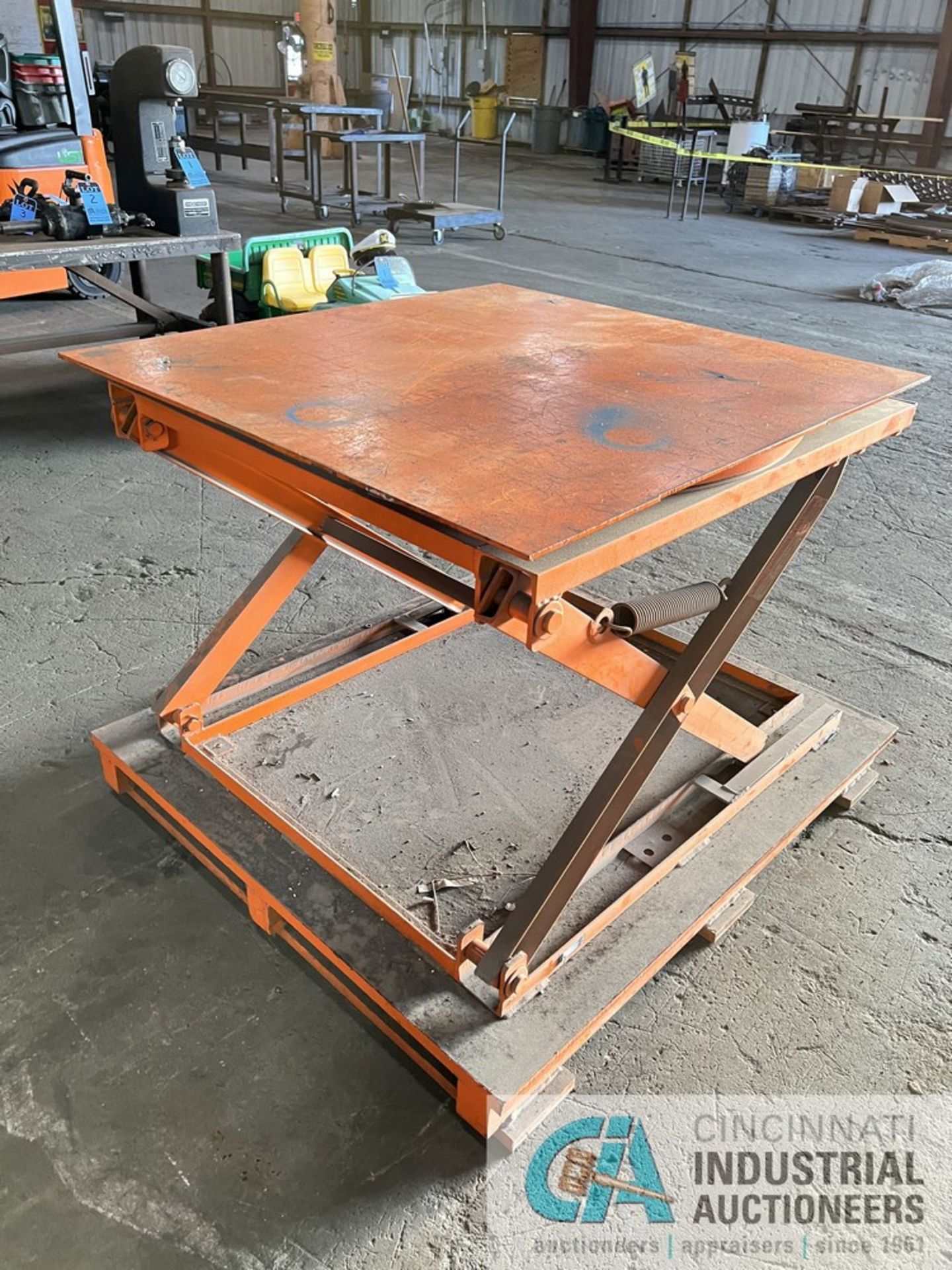 42" X 44" PLATFORM CAP AND MFG UNKNOWN ROTARY SPRING SCISSOR MATERIAL LIFT TABLE **WELDED TO STEEL - Image 2 of 2