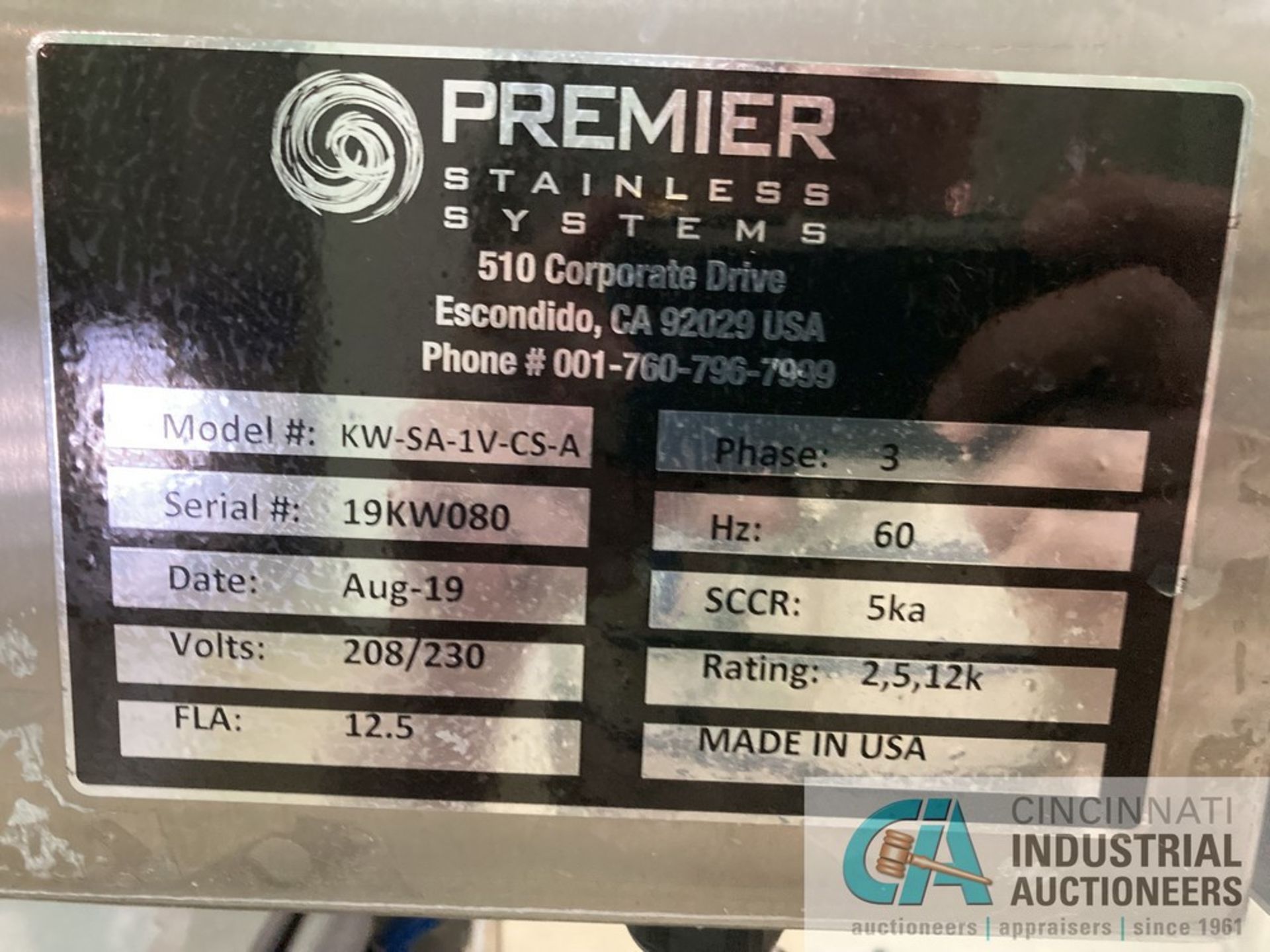 PREMIER MODEL KW-SA-1V-CS-A KEG WASHER; S/N 19KW085 **For convenience, the loading fee of $150.00 - Image 3 of 6