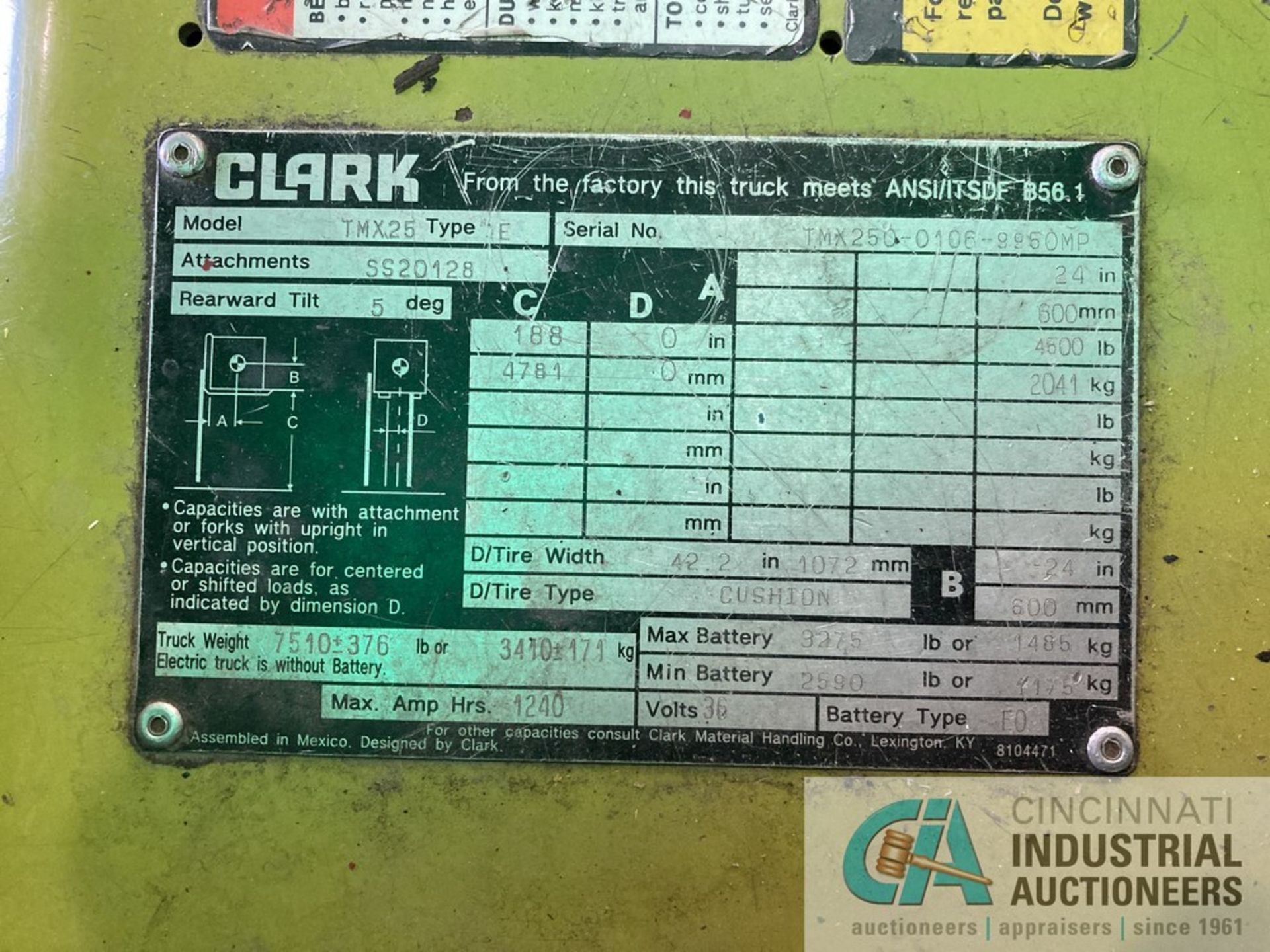 5,000 LB. CLARK MODEL TMX25 ELECTRIC 3-WHEEL STYLE LIFT TRUCK; S/N TMX250-01069850MP, 82" 3-STAGE - Image 7 of 10