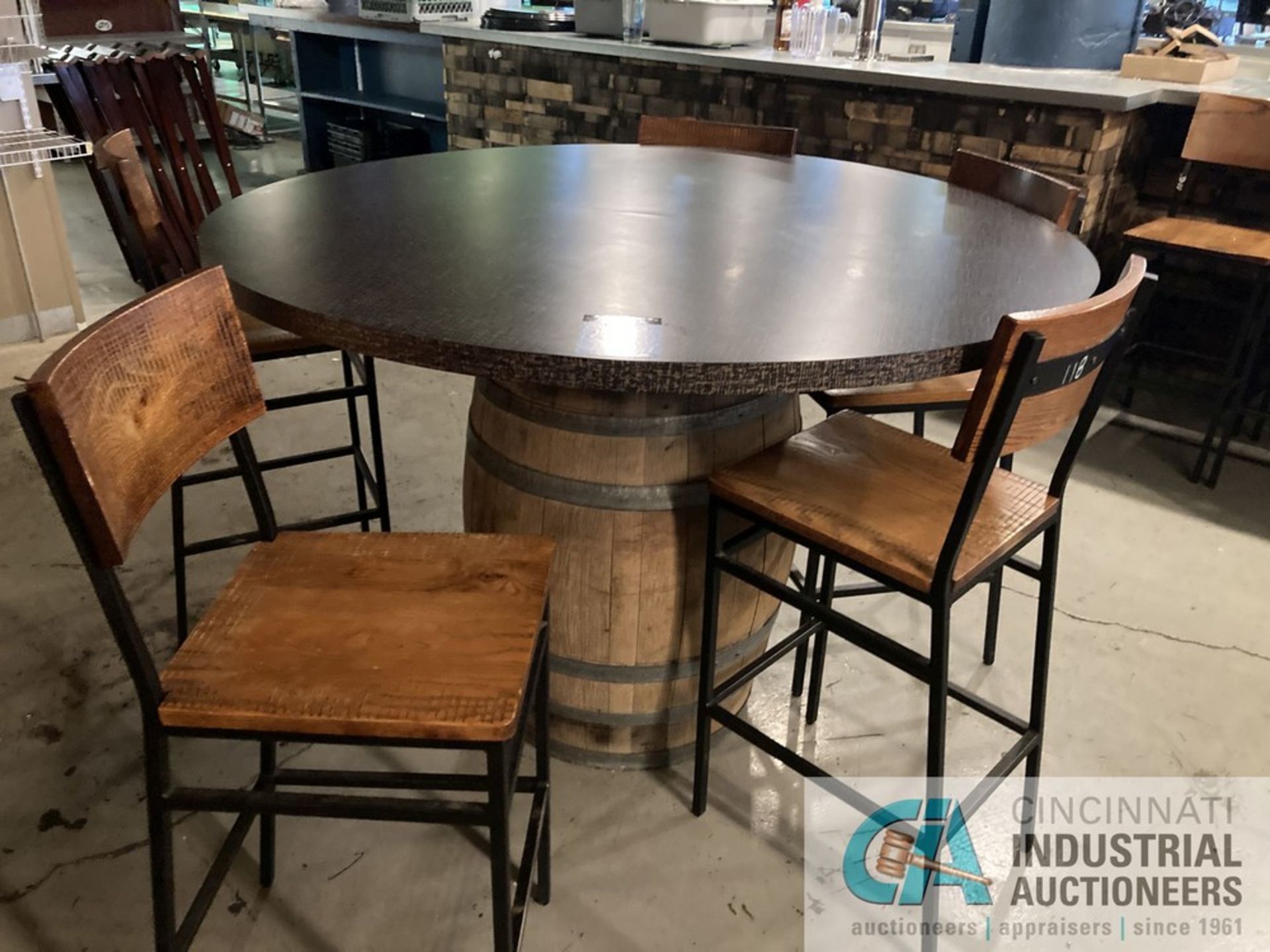 60" DIAMETER HIGH TOP TABLES - BARREL BASES AND (5) HIGH PROFILE CHAIRS **For convenience, the