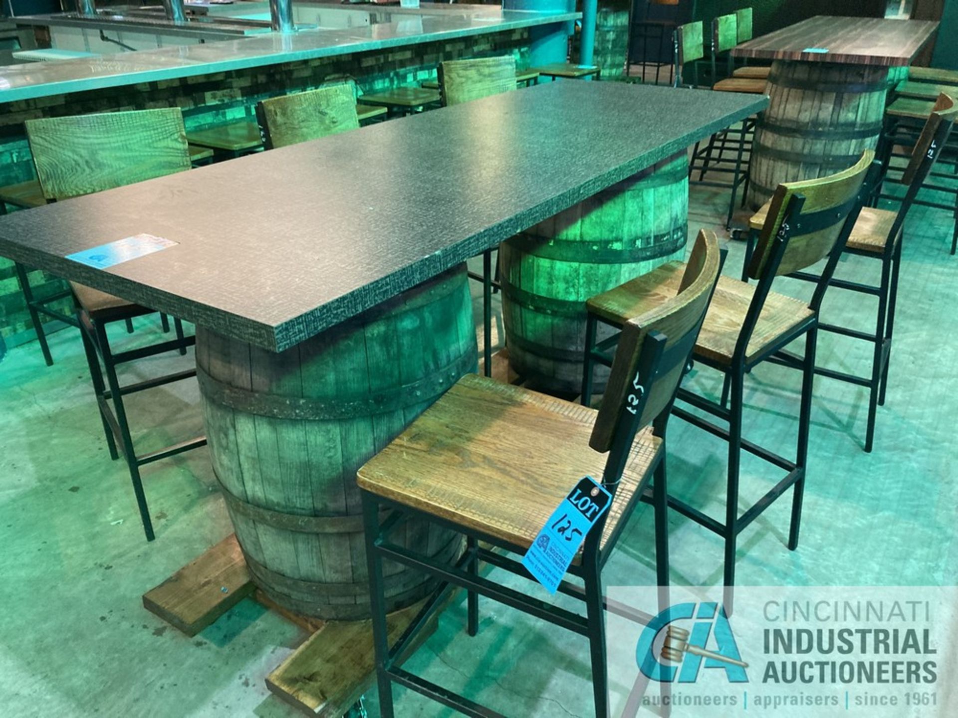 32" X 92" X 42" HIGH PORTABLE BARREL BASE TABLE WITH (6) CHAIRS **For convenience, the loading fee - Image 2 of 2