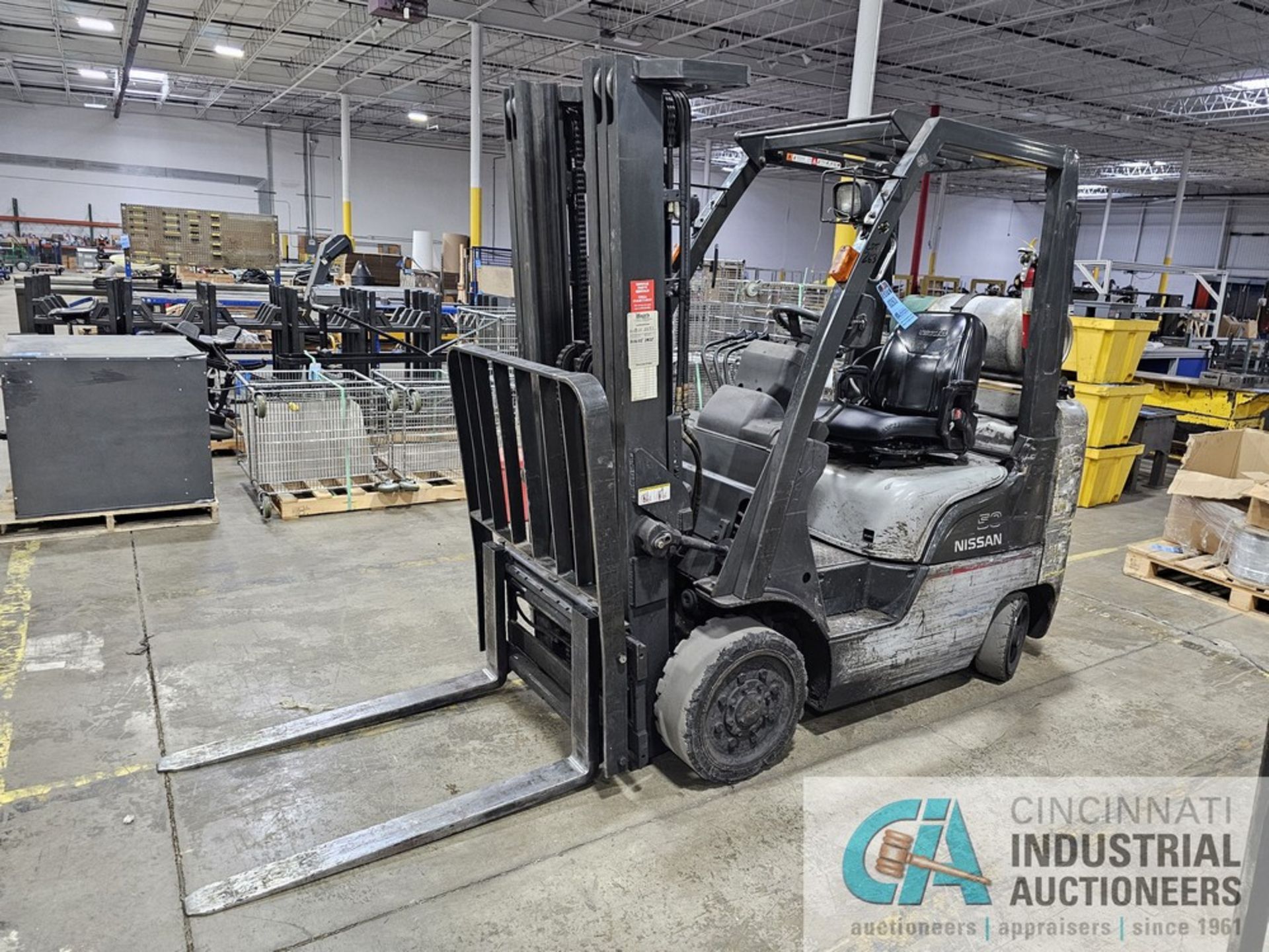 5,000 LB. NISSAN MODEL 50 LP GAS SOLID TIRE FORKLIFT; S/N CPL02-9P2050, 187" 3-STAGE MAST, 4,984