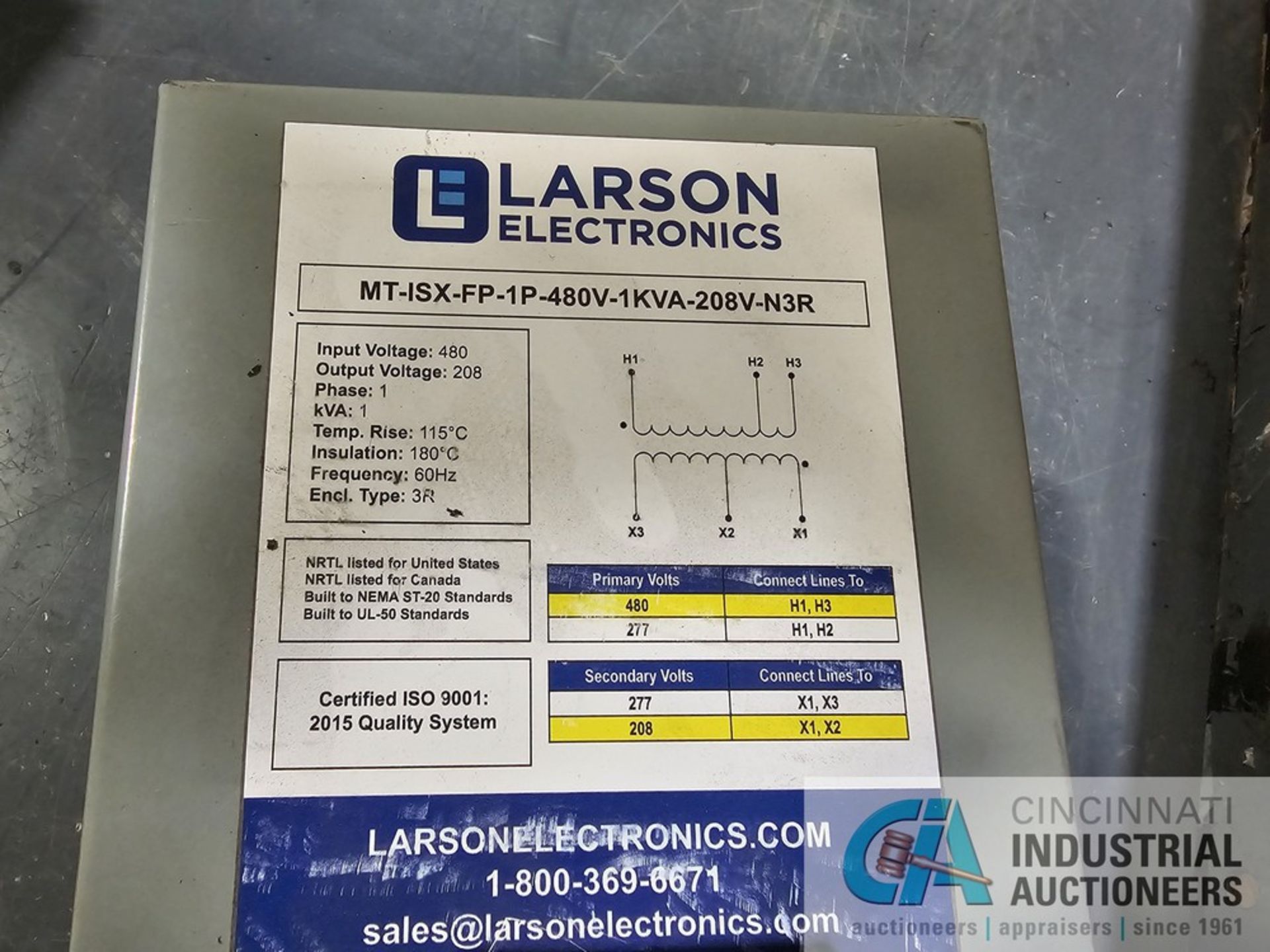 1 KVA LARSON MT-1SX-1P-480V-1KVA-208V-N3R ISODATION TRANSFORMER - Image 2 of 2