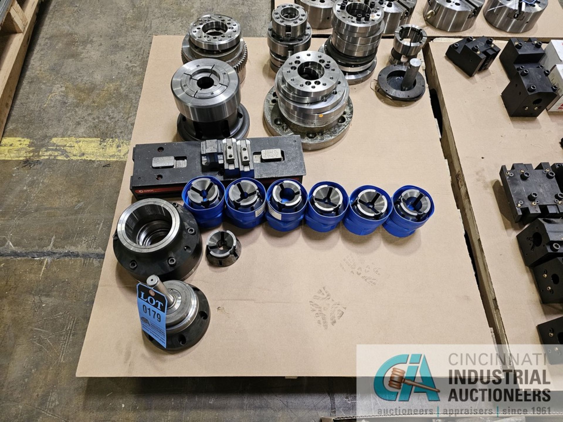 (LOT) (1) SKIDS CNC LATHE COLLET CHUCKS, CHUCK PLATES AND MISCELLANOUS