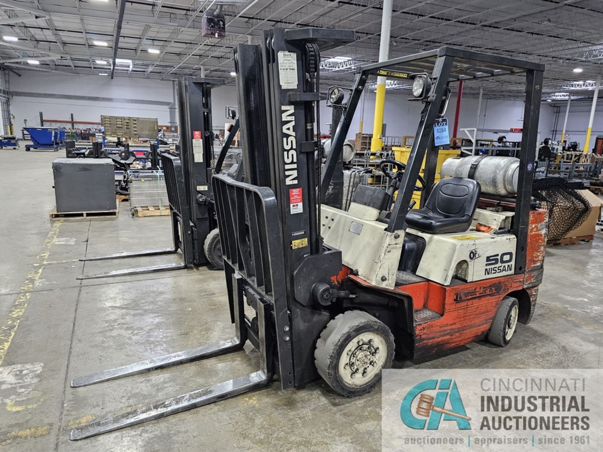 5,000 LB. NISSAN MODEL 50 LP GAS SOLID TIRE FORKLIFT; S/N CPJ02-9W2164, 178" 3-STAGE MAST, 8,880