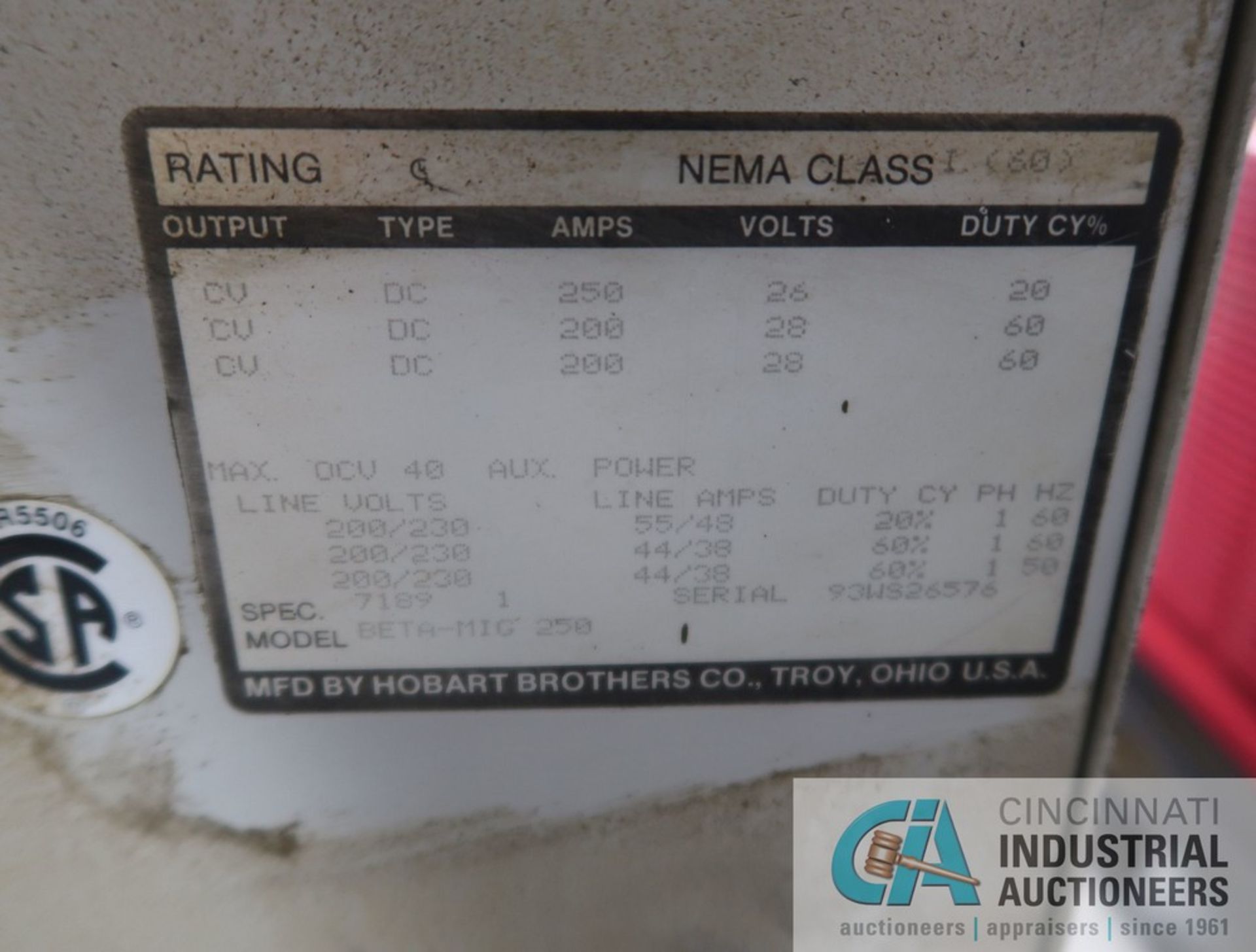 250 AMP HOBART MODEL BETA-MIG 250 CV POWER SOURCE / WIRE FEEDER; S/N 93WS26576 - Image 6 of 6