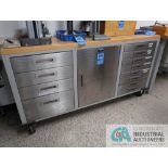 20" X 72" X 37-1/2" HIGH 12-DRAWER / SINGLE DOOR PORTABLE COUNTER HEIGHT MAPLE TOP TOOL CHEST **