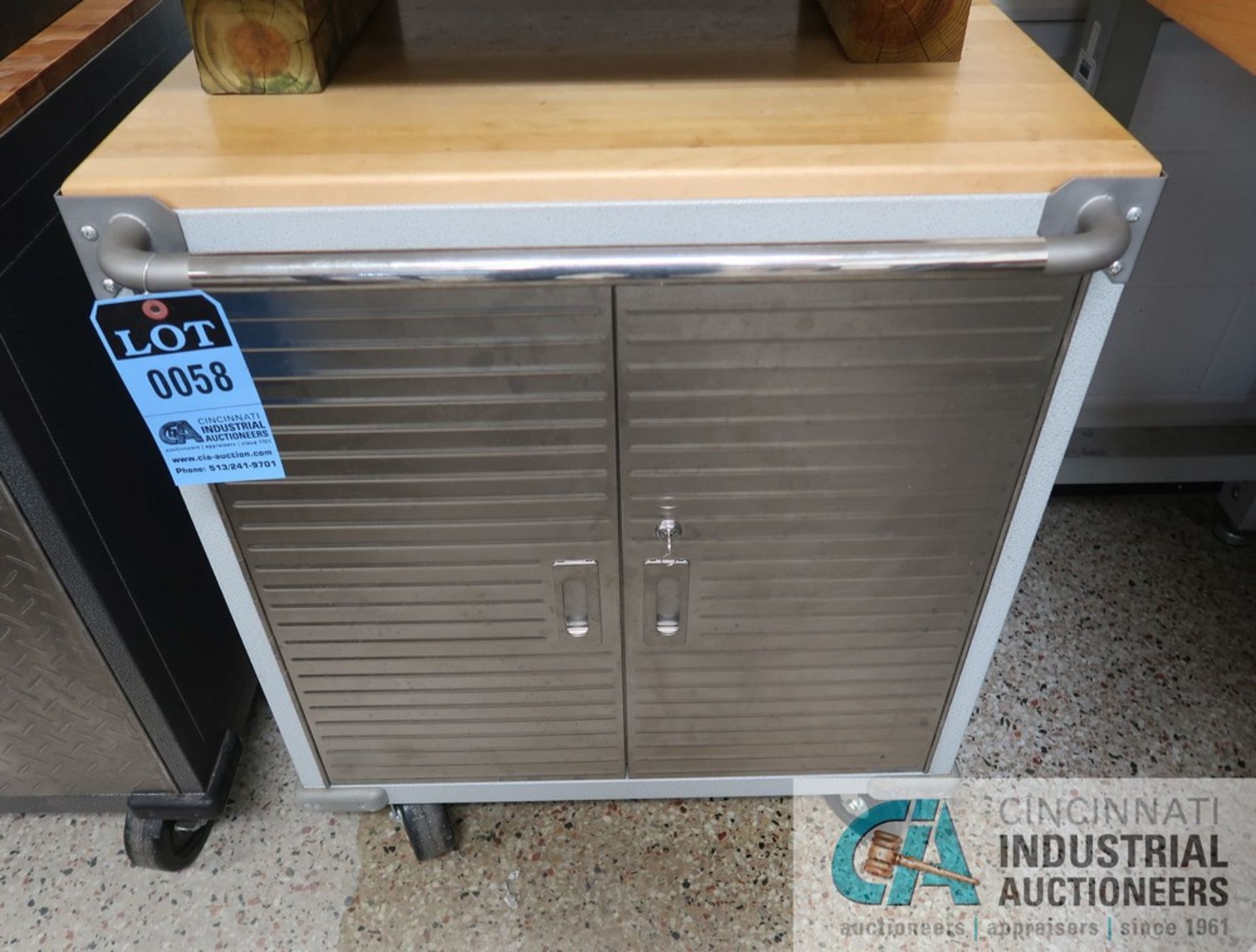 24" X 28" X 35" HIGH PORTABLE TWO-DOOR MAPLE TOP CABINET AND CONTENTS **SPECIAL NOTICE - DELAYED