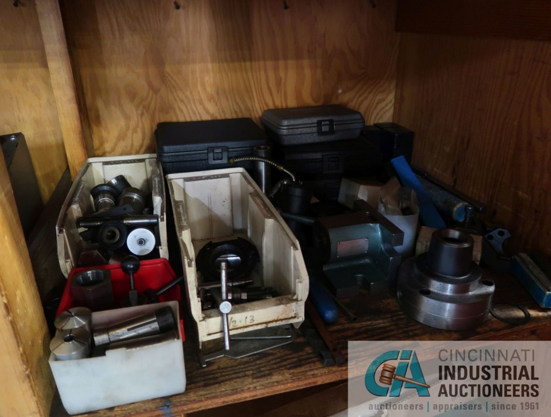 (LOT) MISCELLANEOUS COLLETS, TOOLING, FIXTURES AND OTHER RELATED ITEMS WITH TWO-DOOR CABINET - Image 8 of 10