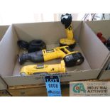 (LOT) MISCELLANEOUS DEWALT 18 VOLT CORDLESS POWER TOOLS, RIGHT ANGLE DRILL, SAWZALL AND FLASH