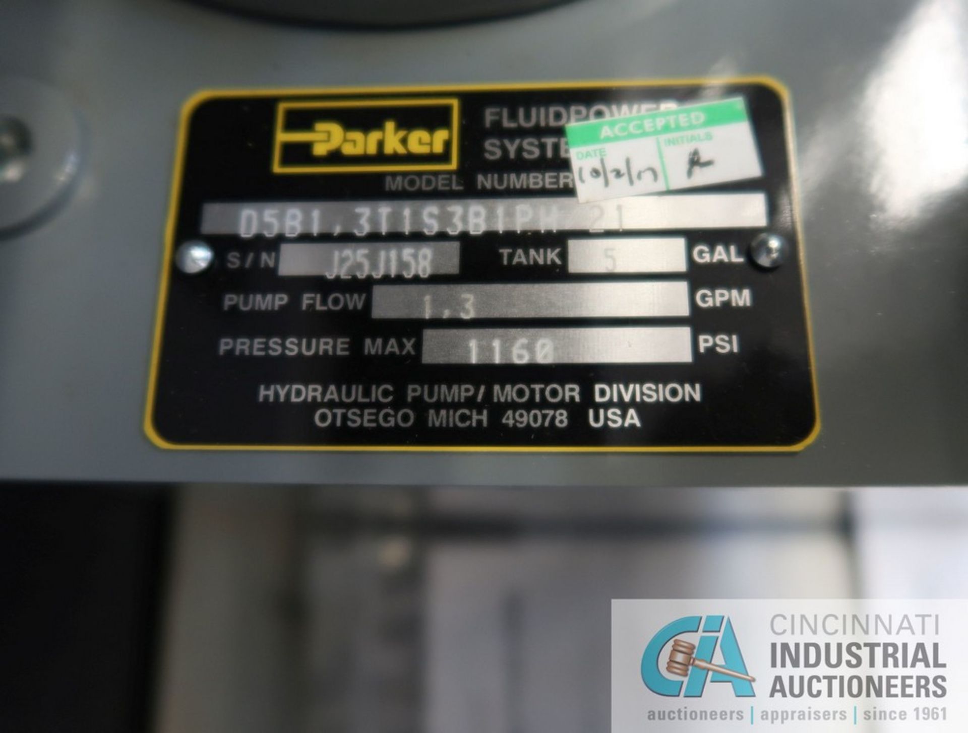 1 HP PARKE D-PAK BRAND NEW HYDRAULIC POWER UNIT; S/N J25J158, 5 GALLON TANK, SINGLE PHASE, 115 / 230 - Image 4 of 6