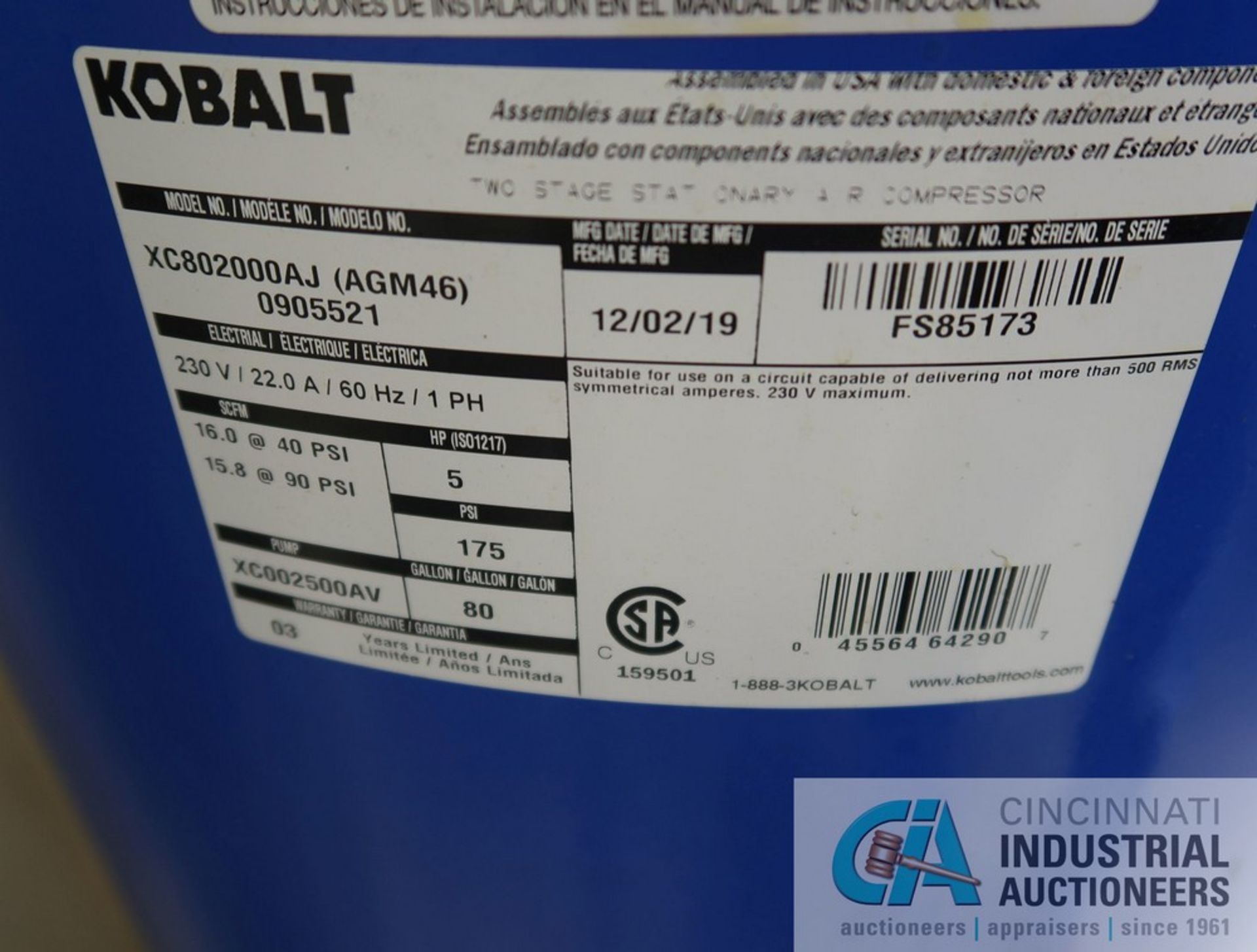 6 HP KOBALT TWO-STAGE PUMP ELECTRIC AIR COMPRESSOR; S/N FS85173 (NEW 12-2-2019), 175 MAX PSI, 240 - Image 4 of 4