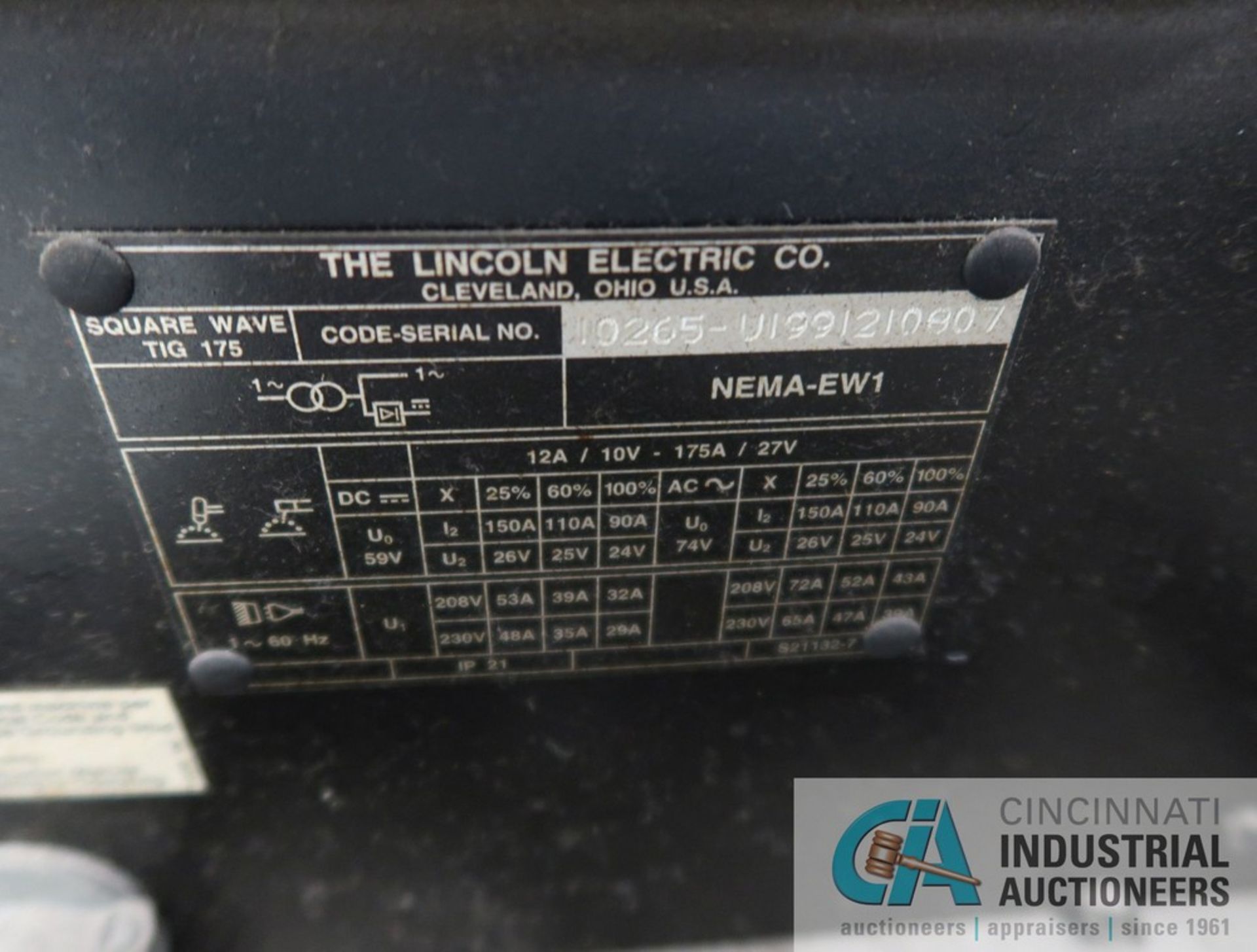 175 AMP LINCOLN ELECTRIC MODEL SQUARE WAVE TIG 175 WELDING POWER SOURCE; S/N 10265-U1991210807 - Image 5 of 5