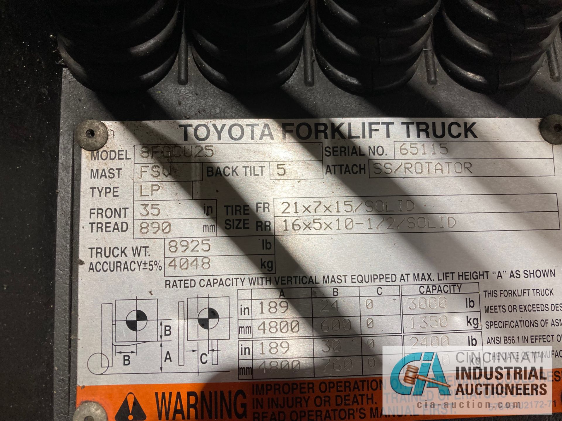 5,000 LB. TOYOTA MODEL 8FGCU25 SOLID TIRE LP GAS LIFT TRUCK; S/N 65115, 83" 3-STAGE MAST, 189" - Image 10 of 10