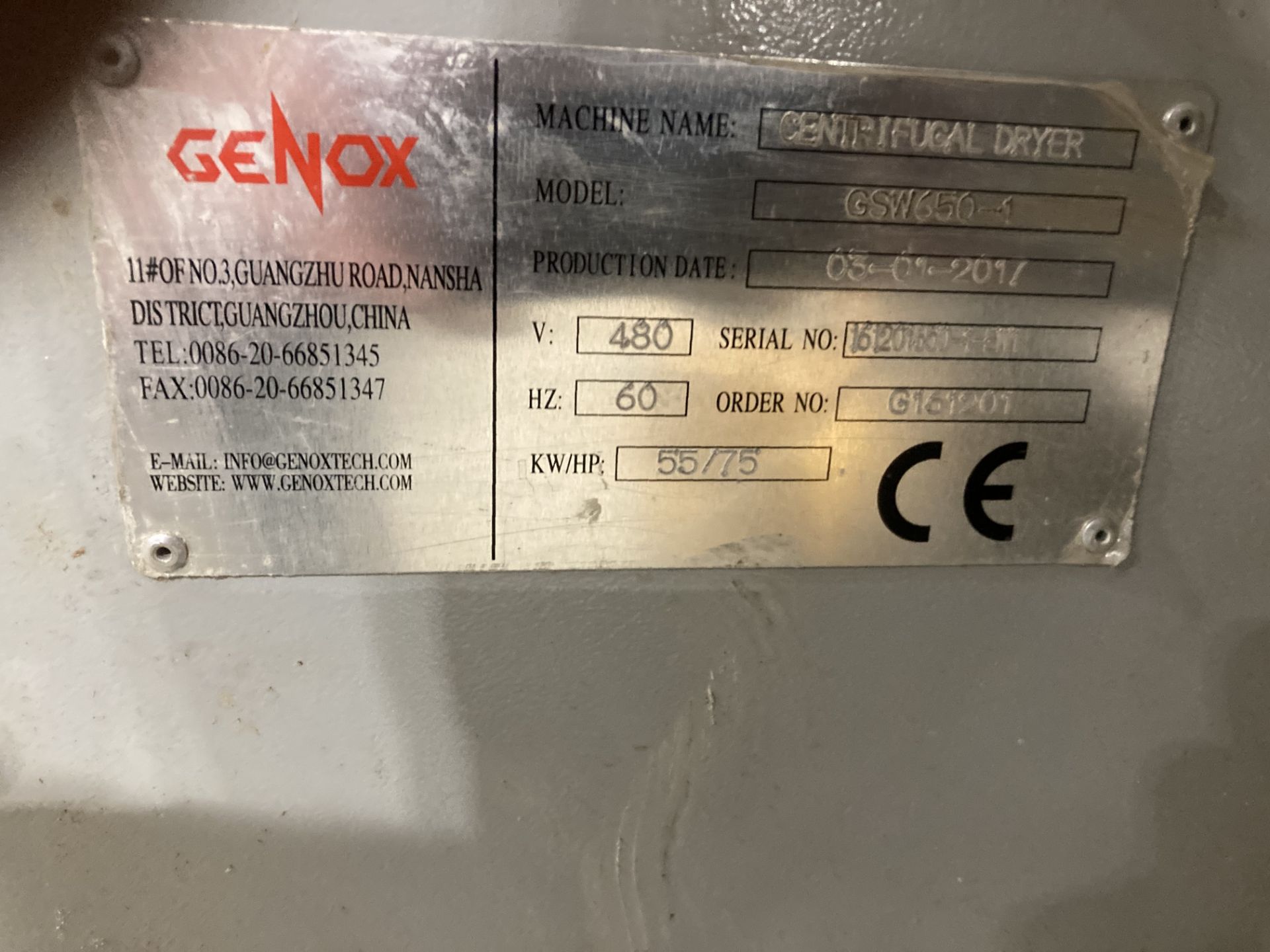 55 KW GENOX MODEL GS650-2 CENTRIFUGAL DRYER; S/N 161201650-2-KY5, 48" DIAMETER X 50", WITH CONTROL - Image 4 of 7