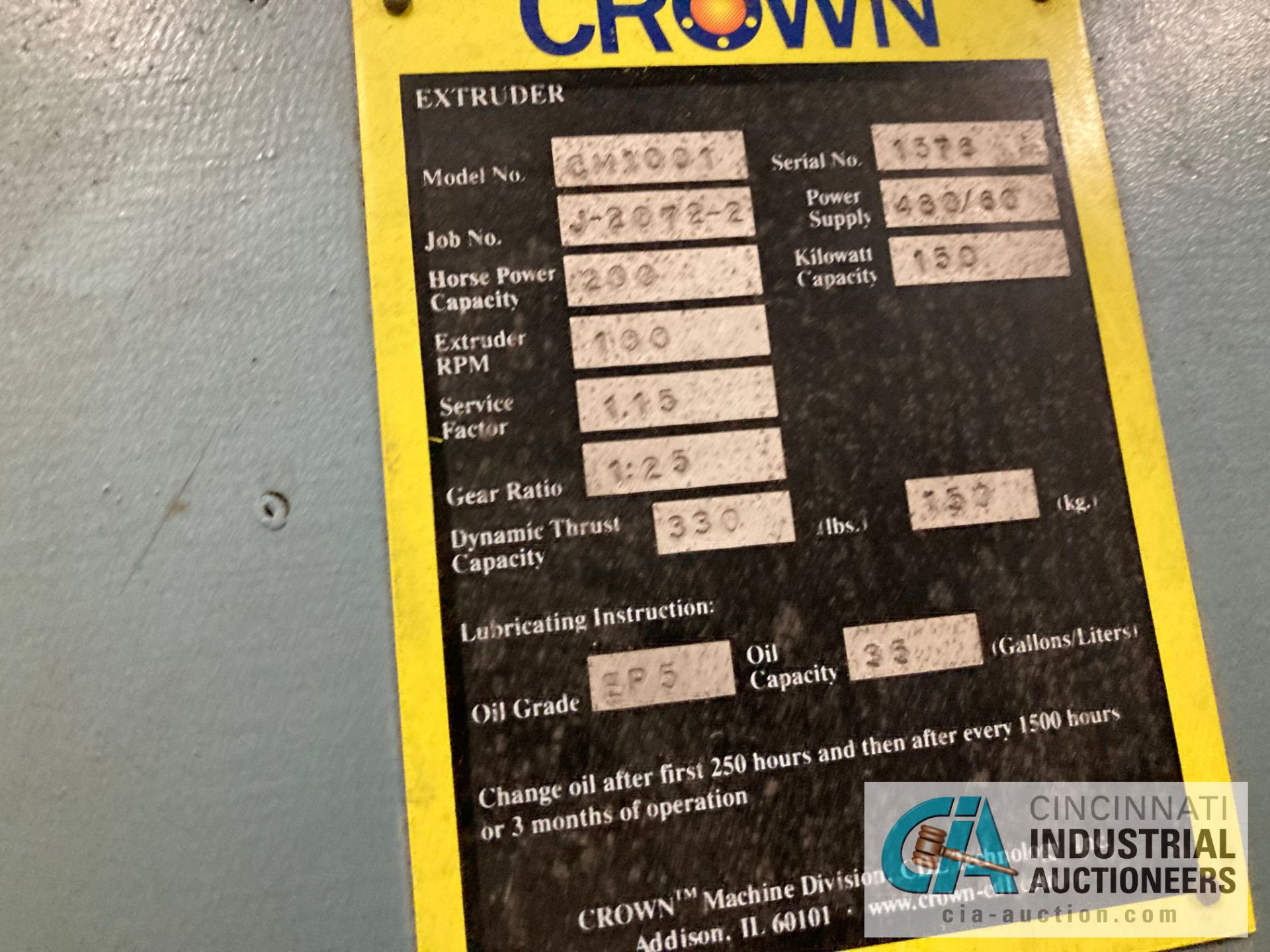 CROWN MODEL CM1001 EXTRUDER; S/N 1378, 200 HP, 1:25 GEAR RATION, 330 LB. DYNAMIC THRUST - Image 8 of 8