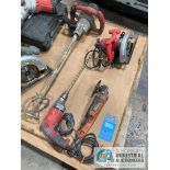 (LOT) ASSORTED ELECTRIC HAND TOOLS ON SKID, CIRCULAR SAWS, ANGLE GRINDERS, HAMMER DRILL, PAINT