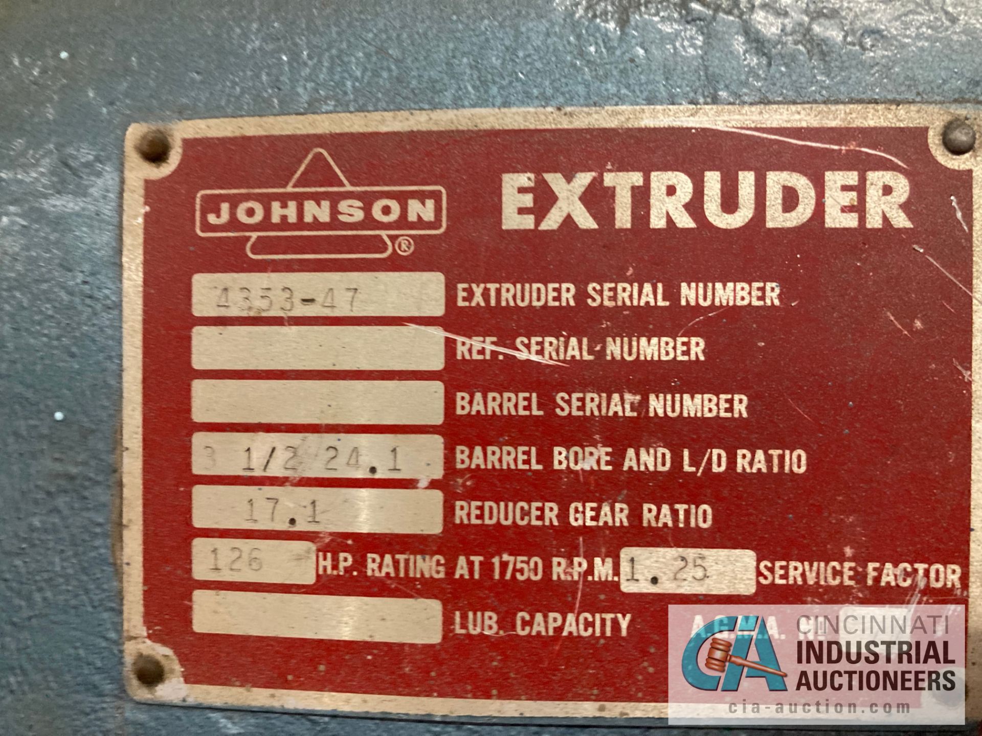 ****3.5" JOHNSON EXTRUDER; S/N 4353-47, 24.1 L/D VENTED BARREL, 17.1 GEARBOX RATIO, 126 HP MOTOR, - Image 4 of 10