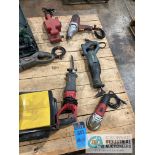 (LOT) ASSORTED ELECTRIC HAND TOOLS ON SKID; 1/2" IMPACT, RECIPROCATING SAWS, ANGLE GRINDER, BELT