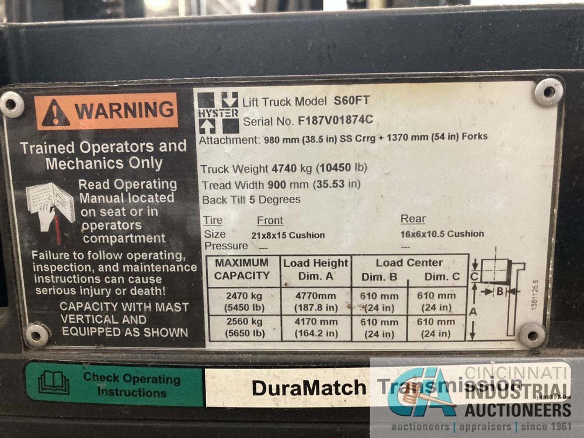 6,000 LB. HYSTER MODEL S60FT LP GAS LIFT TRUCK; S/N F187V0187AC - NOT RUNNING - STARTER ISSUE, NO - Image 8 of 8