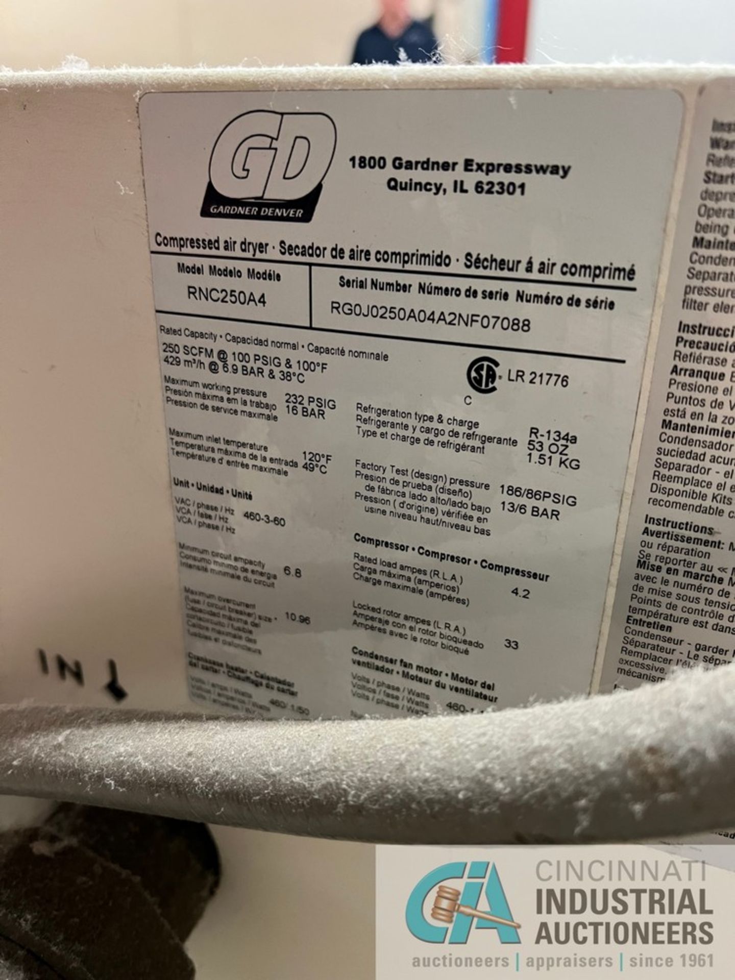 GARDNER DENVER MODEL RNC250A4 AIR DRYER; S/N RG0J0250A04A2NF07088 **For convenience, the loading fee - Image 3 of 4