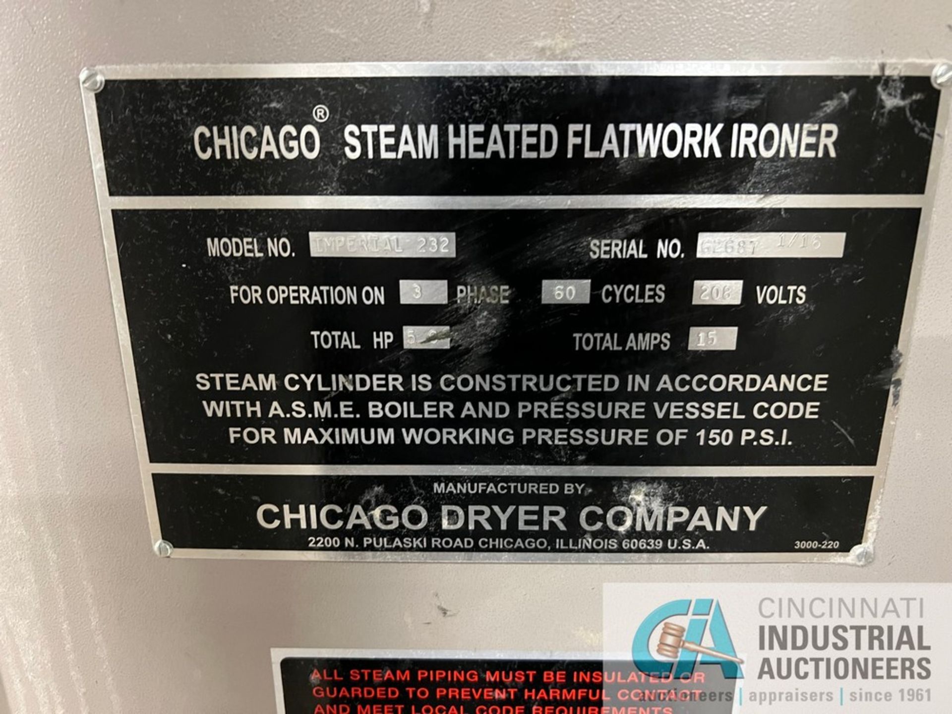 120" CHICAGO MODEL IMPERIAL 232 TWO-ROLL STEAM HEATED FLATWORK IRONER; S/N 62687, (2) 32" DIAMETER - Image 4 of 12