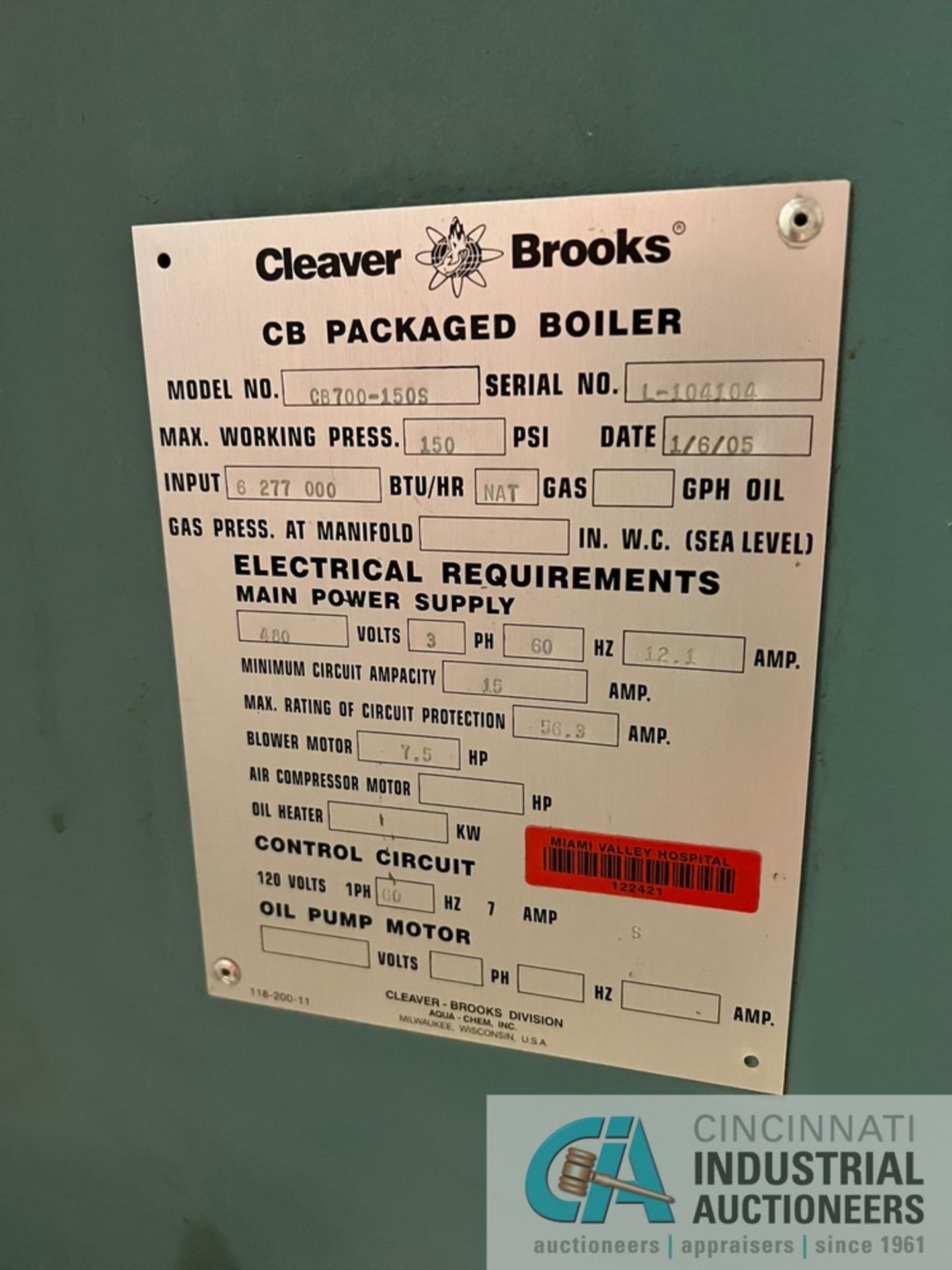 CLEAVER BROOKS MODEL CB700-150S NATURAL GAS BOILER; S/N L-104104, 150 PSI, 6,277,000 BTU/HR (NEW - Image 2 of 8