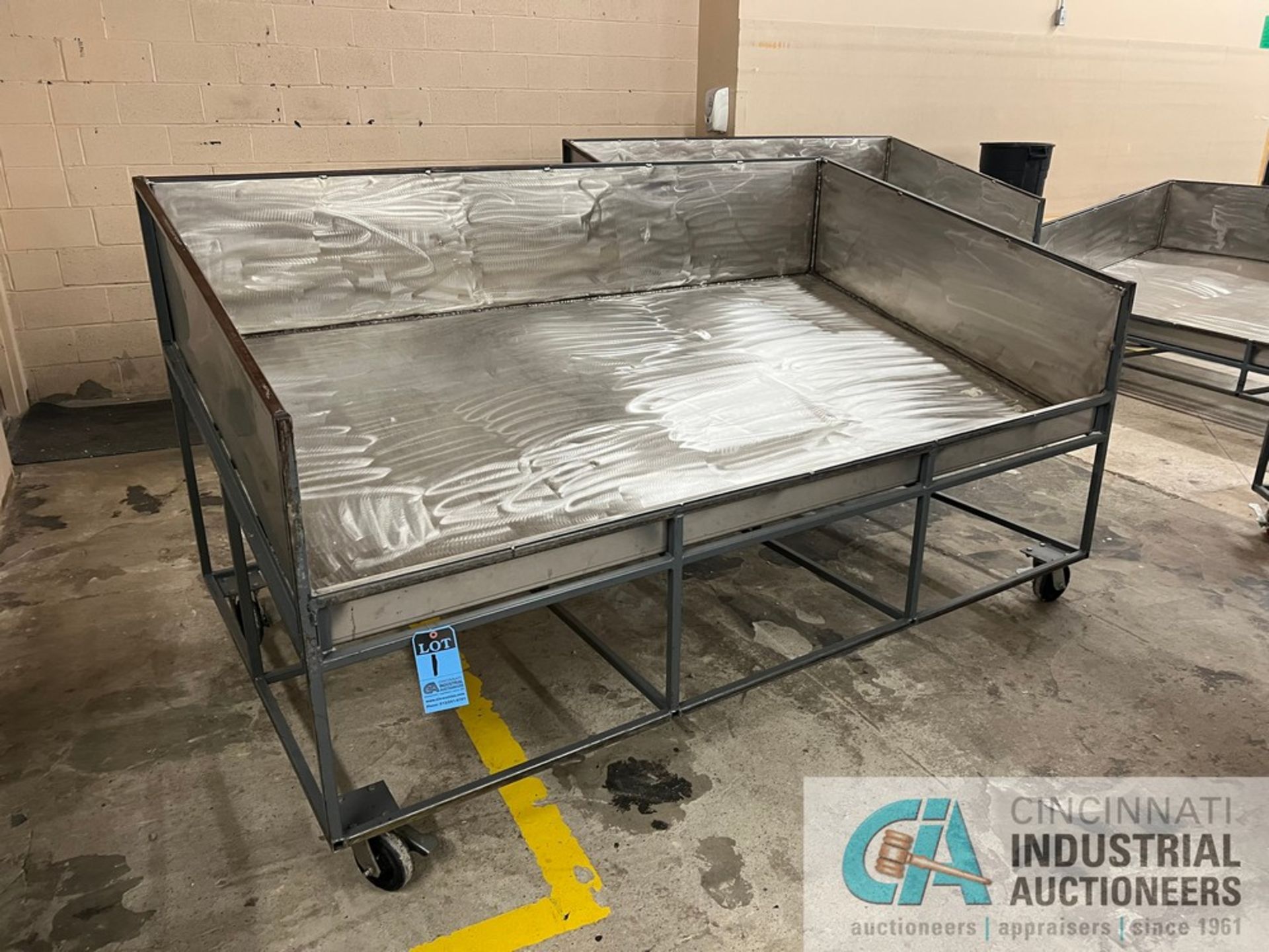 52" X 93" LONG X 17" HIGH STAINLESS STEEL TUB STEEL FRAME SORTING CART, 54" OVERALL HEIGHT