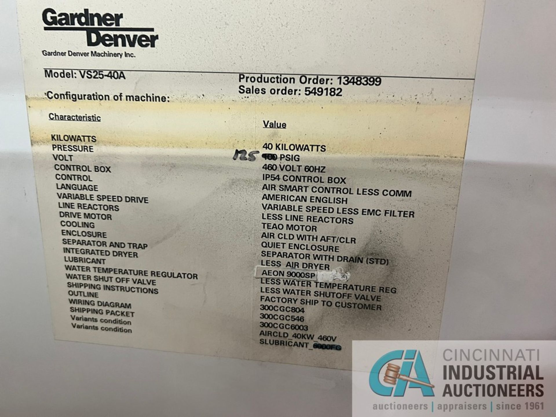 50 HP GARDNER DENVER MODEL VS25-40A AIR COMPRESSOR; S/N 1348399, SALES ORDER 549182, 125 PSIG, 43, - Image 5 of 7