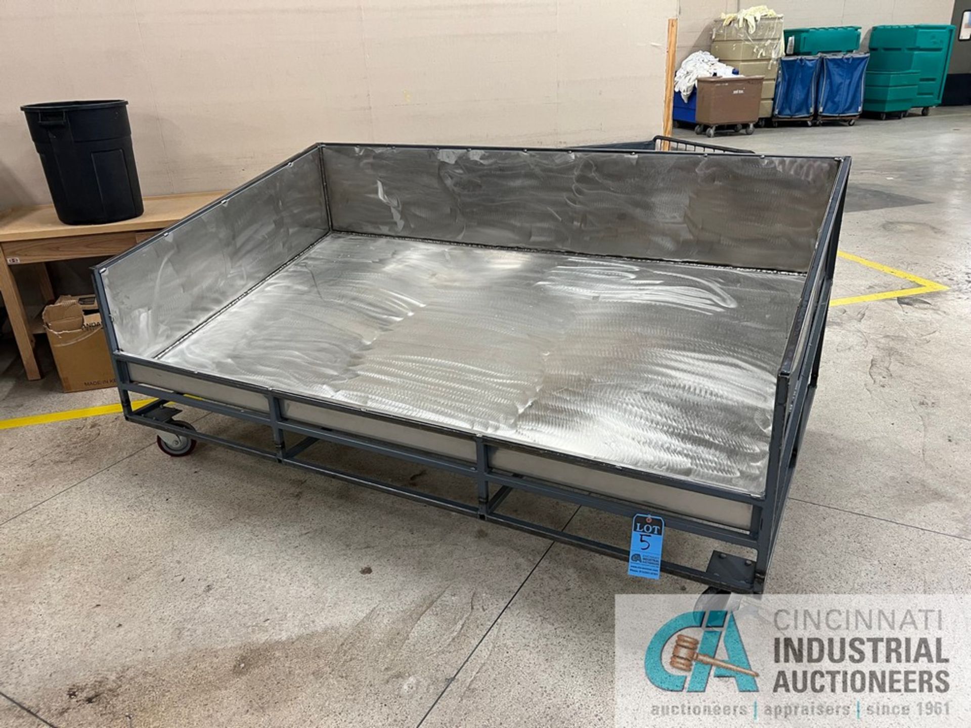 52" X 93" LONG X 17" HIGH STAINLESS STEEL TUB STEEL FRAME SORTING CART, 44" OVERALL HEIGHT