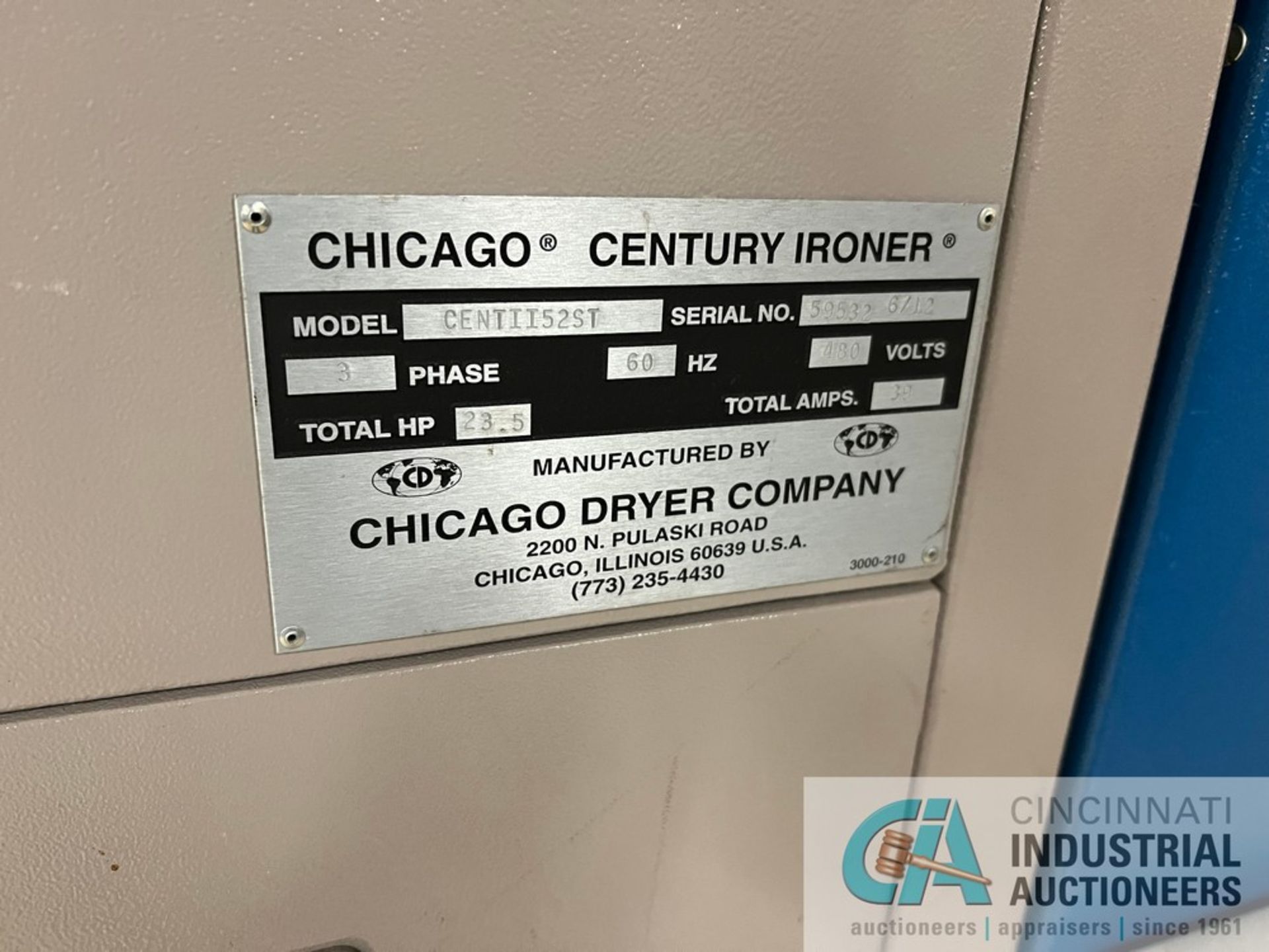 120" CHICAGO MODEL CENTII52ST TWO-ROLL STEAM HEATED FLATWORK IRONER; S/N 59532, (2) 52" DIAMETER - Image 3 of 6