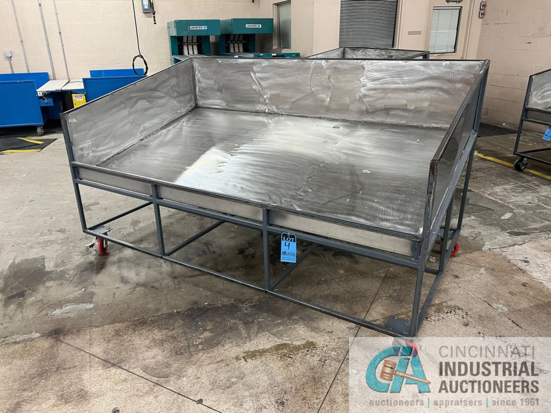 52" X 93" LONG X 17" HIGH STAINLESS STEEL TUB STEEL FRAME SORTING CART, 54" OVERALL HEIGHT