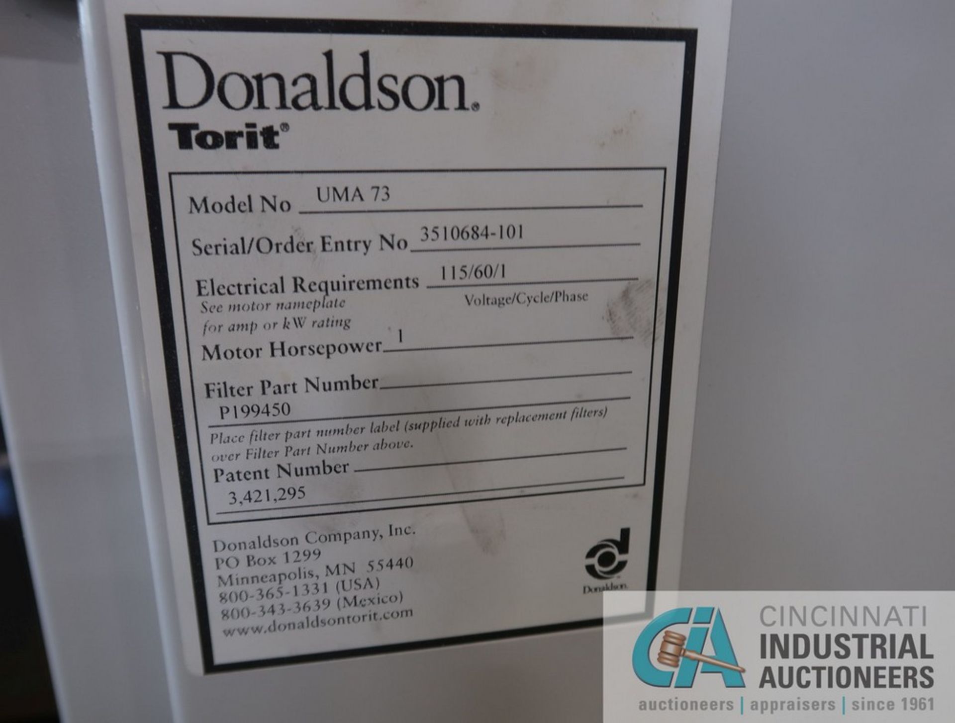 1 HP DONALDSON TORIT MODEL UMA3 DUST COLLECTOR; S/N 3510684-101 - From eyeglass lense manufacturer - Image 4 of 4