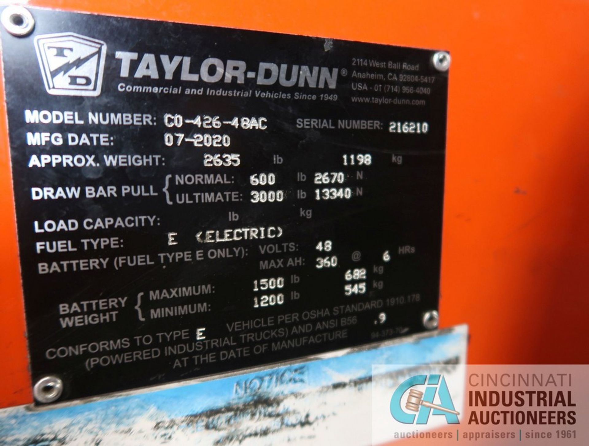 2020 TAYLOR-DUNN MODEL CO-426-48AC HUSKEY II SIT-DOWN ELECTRIC TUGGER; S/N 216210 (NEW 7-2020), 48- - Image 13 of 13