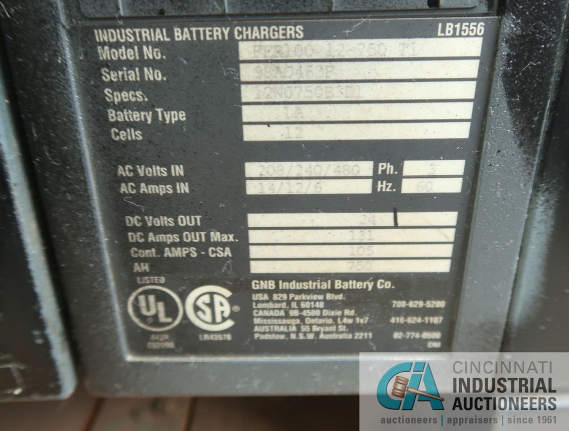 24-VOLT GNB MODEL FER100-12-750-TI FERCHARGER 100 BATTERY CHARGER; S/N 98A0463F, 3-PHASE, 208/240/ - Image 5 of 5