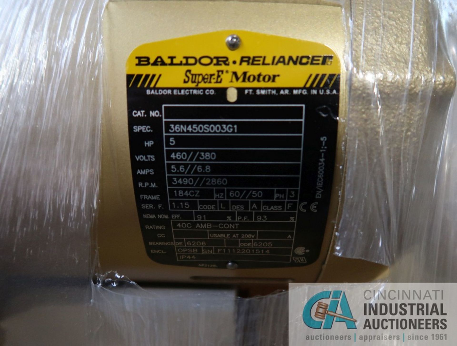 5 HP BALDOR - RELIANCE SUPER E MOTOR, 3-PHASE, 480/1,360 VOLTS - Image 2 of 2