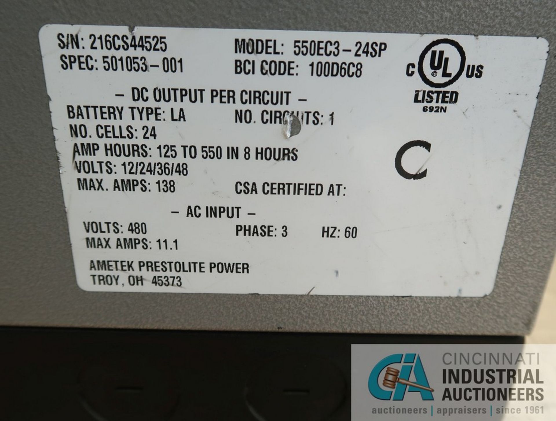 48-VOLT AMETEK PRESTOLITE MODEL 550EC3-24SP ECLIPSE II PLUS BATTERY CHARGER; S/N 216CS44525, 3- - Image 5 of 5