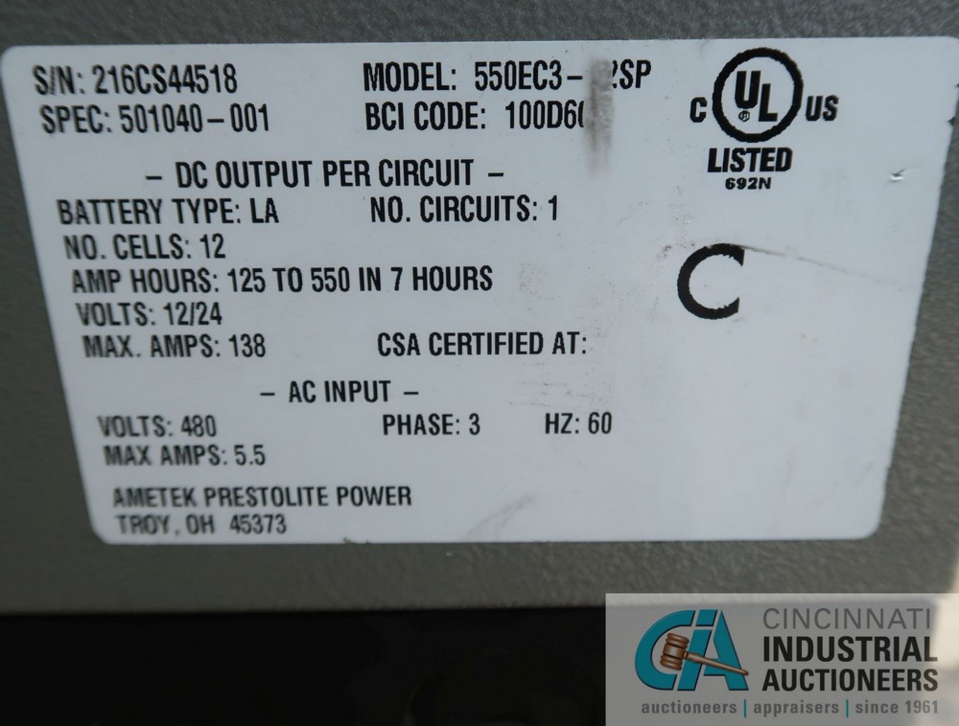 24-VOLT AMETEK PRESTOLITE MODEL 550EC3-12SP ECLIPSE II PLUS BATTERY CHARGER; S/N 216CS44518, 3- - Image 5 of 5