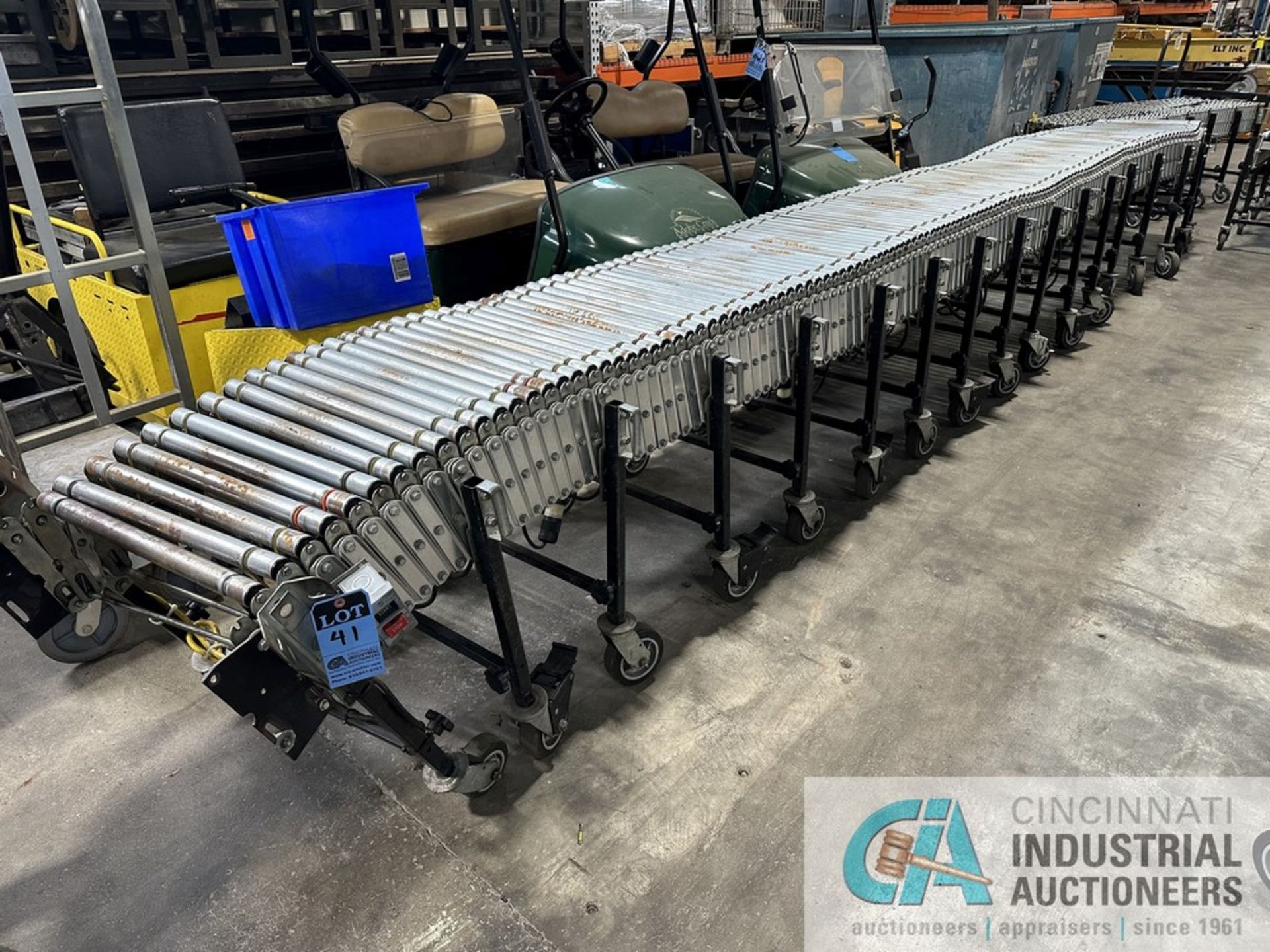 22" WIDE X 20' COLLAPSED X 57' EXPANDED ADJUSTABLE HEIGHT ACCORDION STYLE POWER ROLLER CONVEYOR