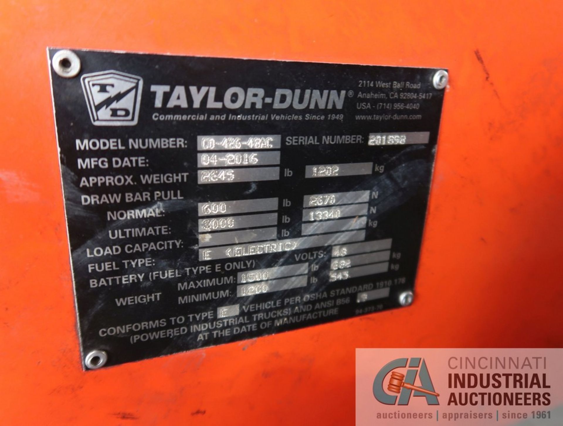 2016 TAYLOR-DUNN MODEL CO-426-48AC HUSKEY II ELECTRIC SIT-DOWN TUGGER; S/N 201898 (NEW 4-2016), 3, - Image 11 of 11