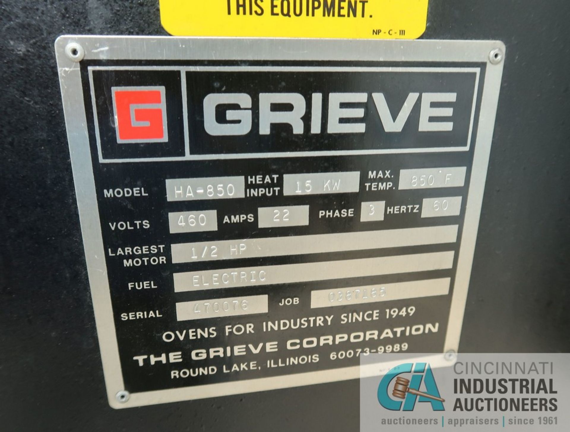 GRIEVE MODEL HA-850 ELECTRIC OVEN; S/N 470076, 850 DEGREE F MAX TEMP, 3-PHASE, 460 VOLTS, 20" X - Image 8 of 8