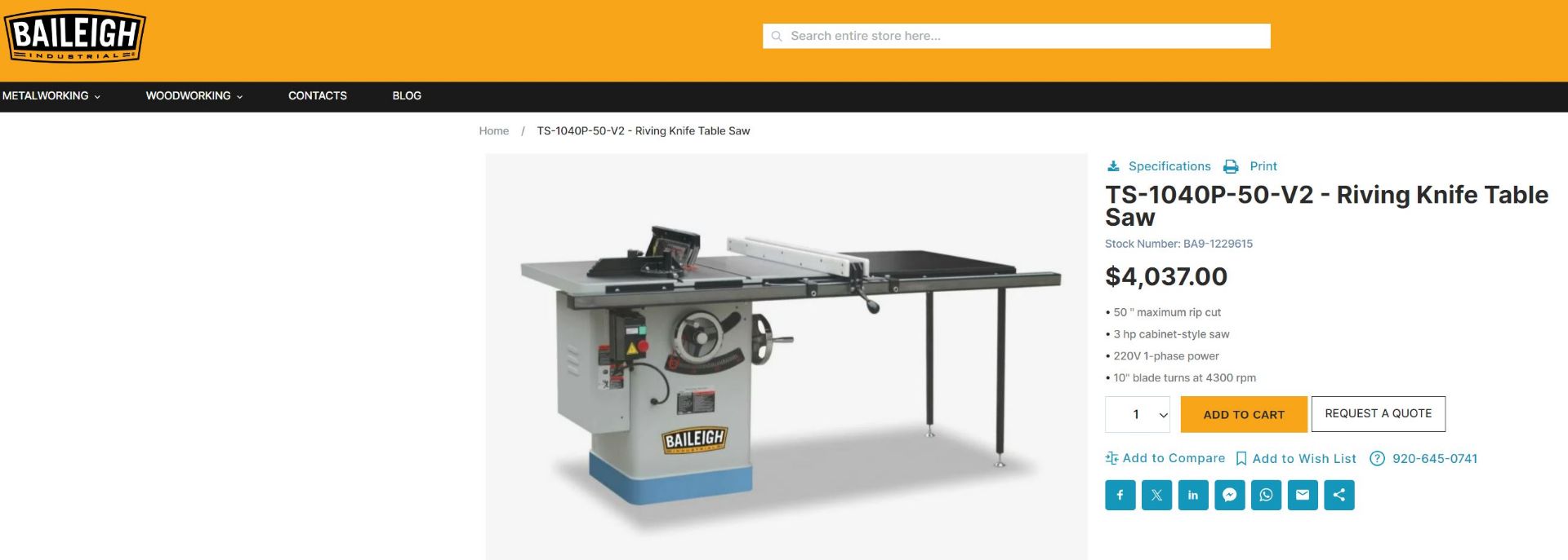 10" BAILEIGH MODEL TS-1040P050 TABLE SAW; S/N 170063-124 (NEW 9-2017), WITH T-SQUARE RIP FENCE - Image 8 of 8