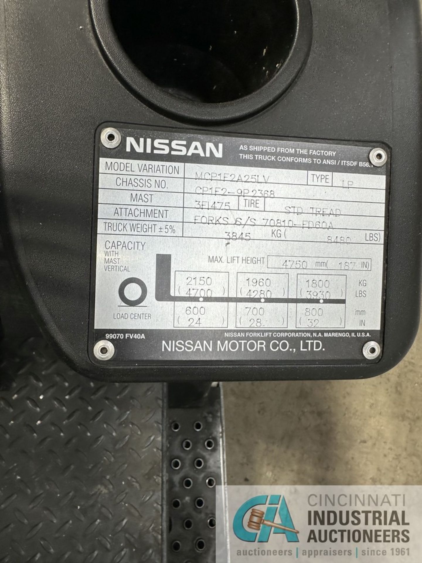 5,000 LB. NISSAN MODEL 50 LPG SOLID TIRE FORKLIFT; S/N CP1F2-9P2368, 187" LIFT HEIGHT, 83" MAST - Image 8 of 18