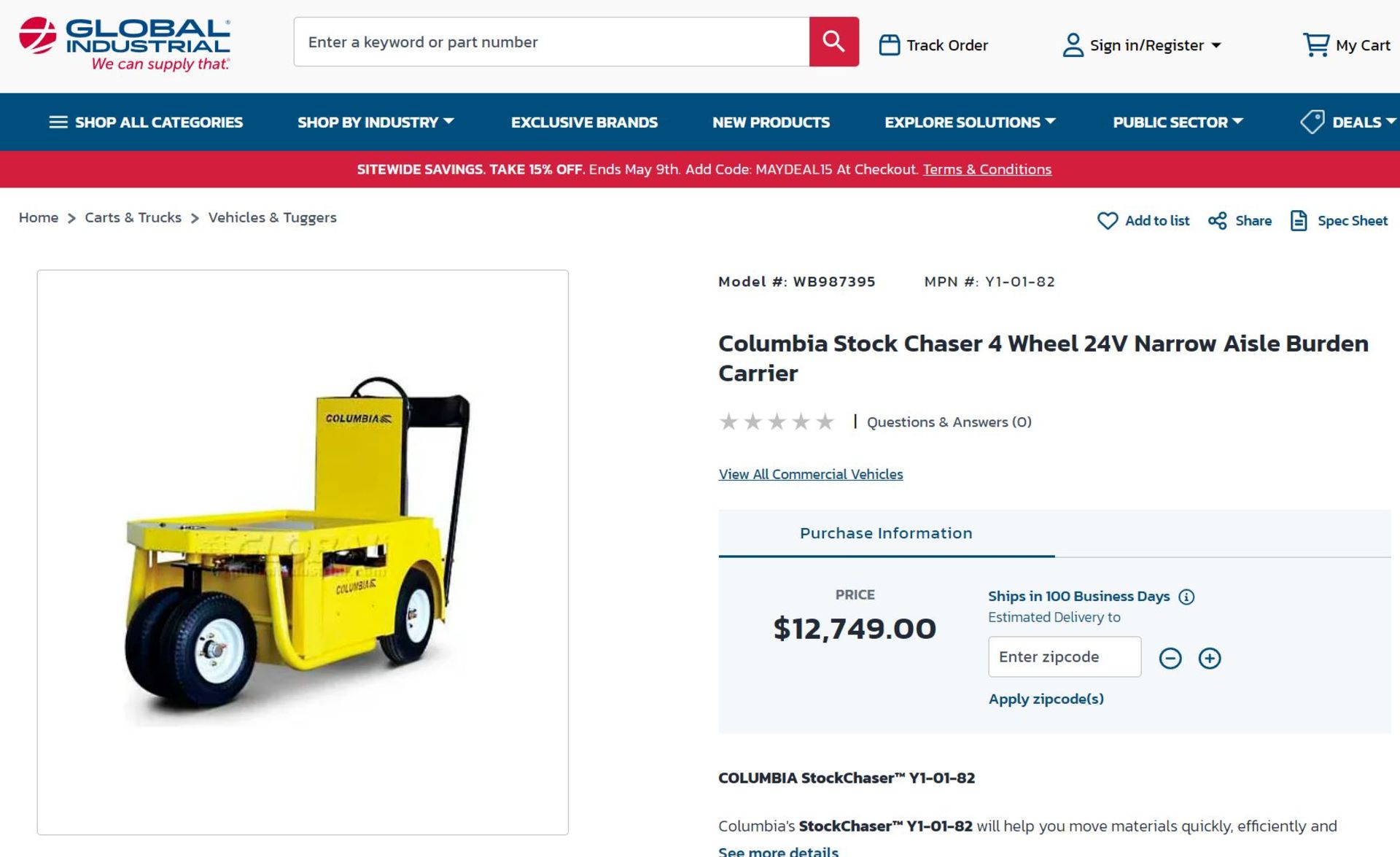 COLUMBIA MODEL IS-12-24 STOCKCHASER STAND-UP ELECTRIC MAINTENANCE CART; S/N 12SE2-3ZR0189, WITH - Image 9 of 16